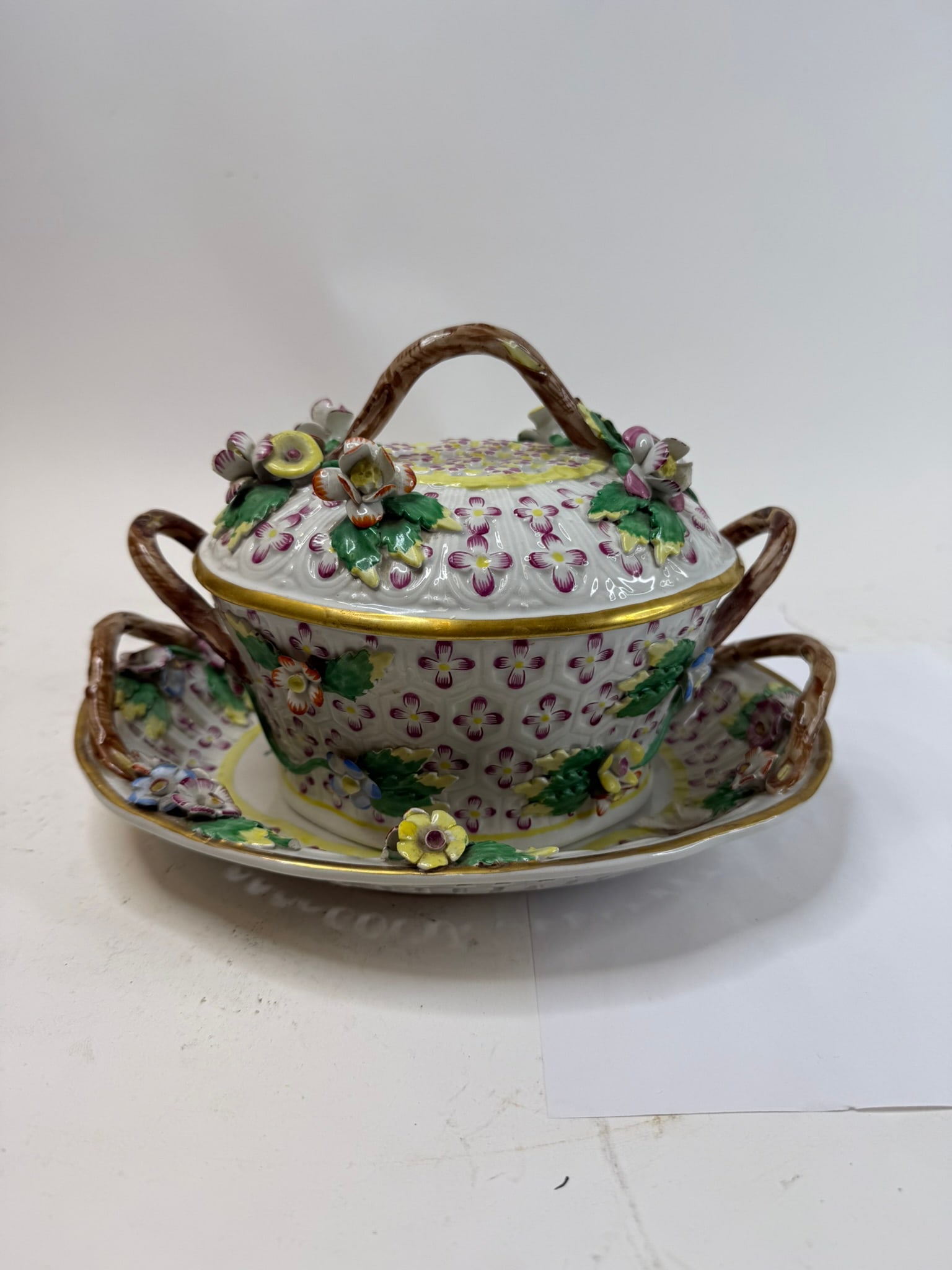 20th Century Delicate Italian Floral Tureen And Underplate: Bowel With Lid 7"H X 8" W X 6"D, Tray 2"H X 10W" X 9"D. Made in Italy