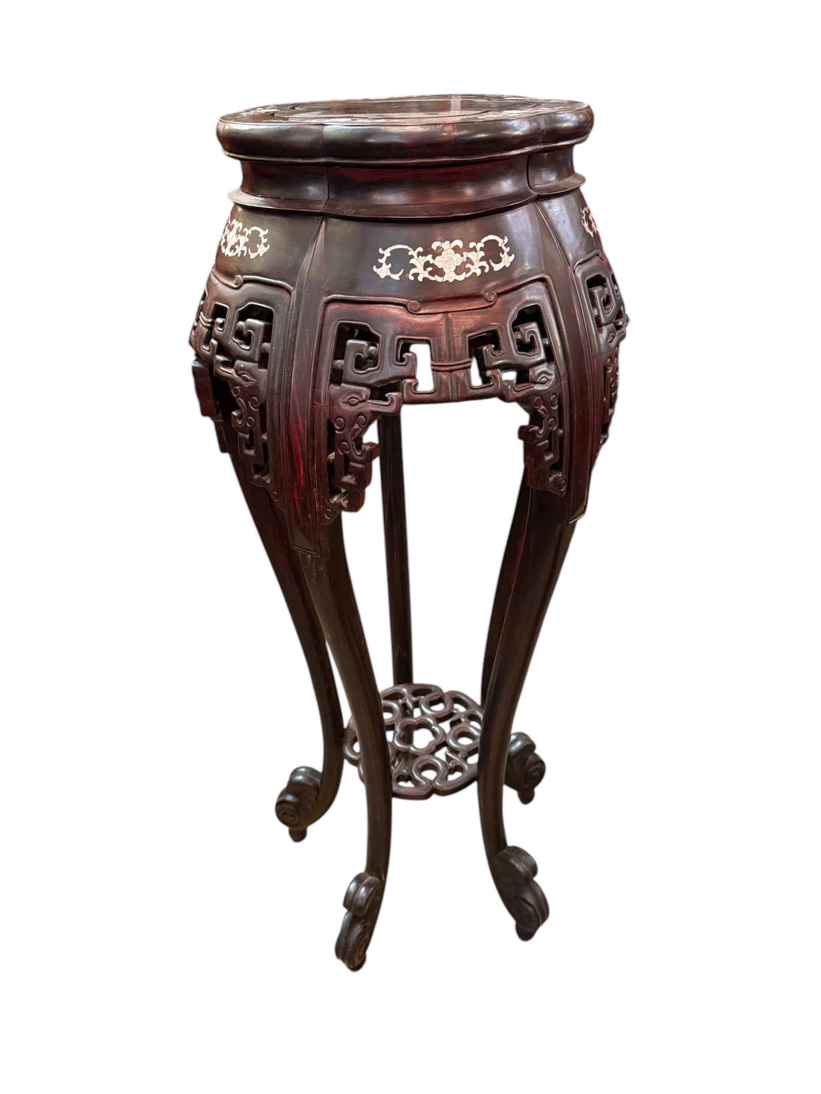 Beautifully Carved Rosewood Inlay Chinese Pedestal: Bulbous shaped and carved chinese pedestal
