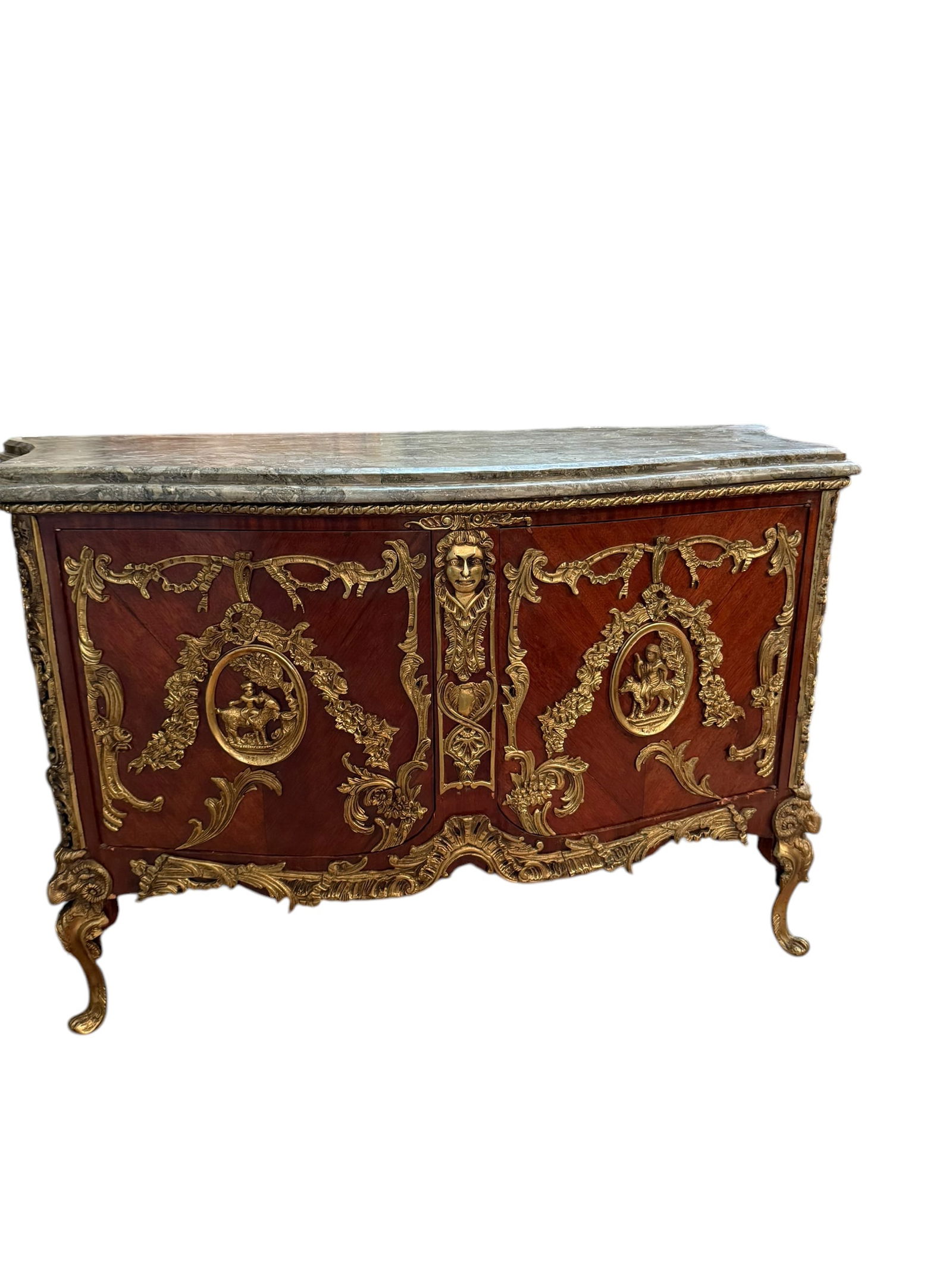20th Century French Style Comode With Brass And Green Marble Top: Commode with brass and marble