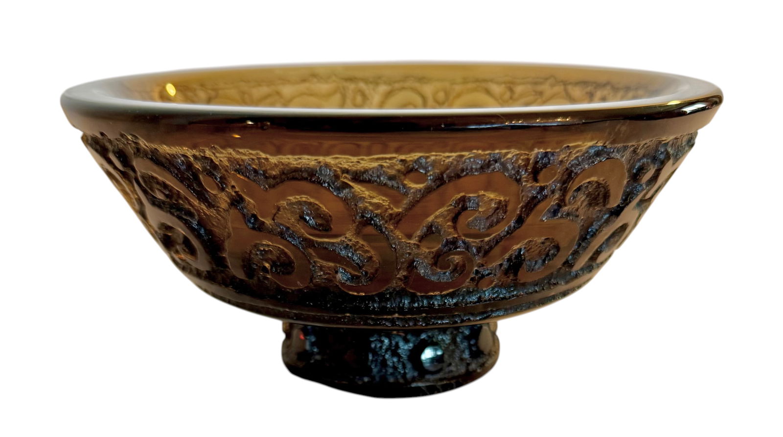 Topaz Colored Glass Center Bowl - signed Daume Nancy France: Daum Nancy pedestal bowl, acid etched. very nice overall condition.