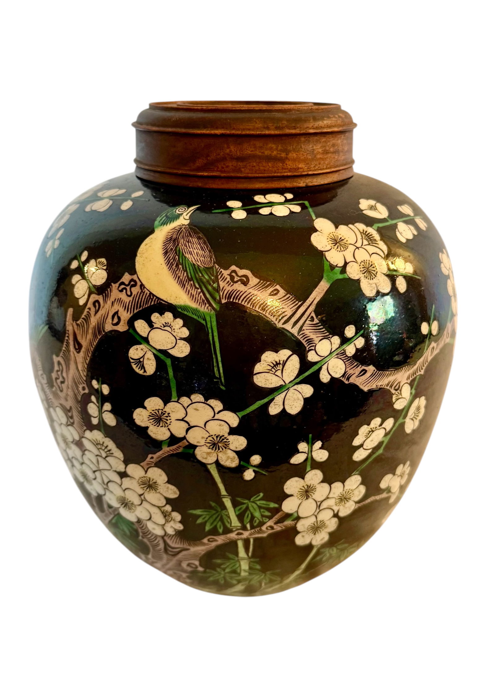Famille Noire Hawthorn Blossom Ginger Jar with Wooden Lid: Famille Noire or black background has a striking visual contrast. The lid is hand carved wood.