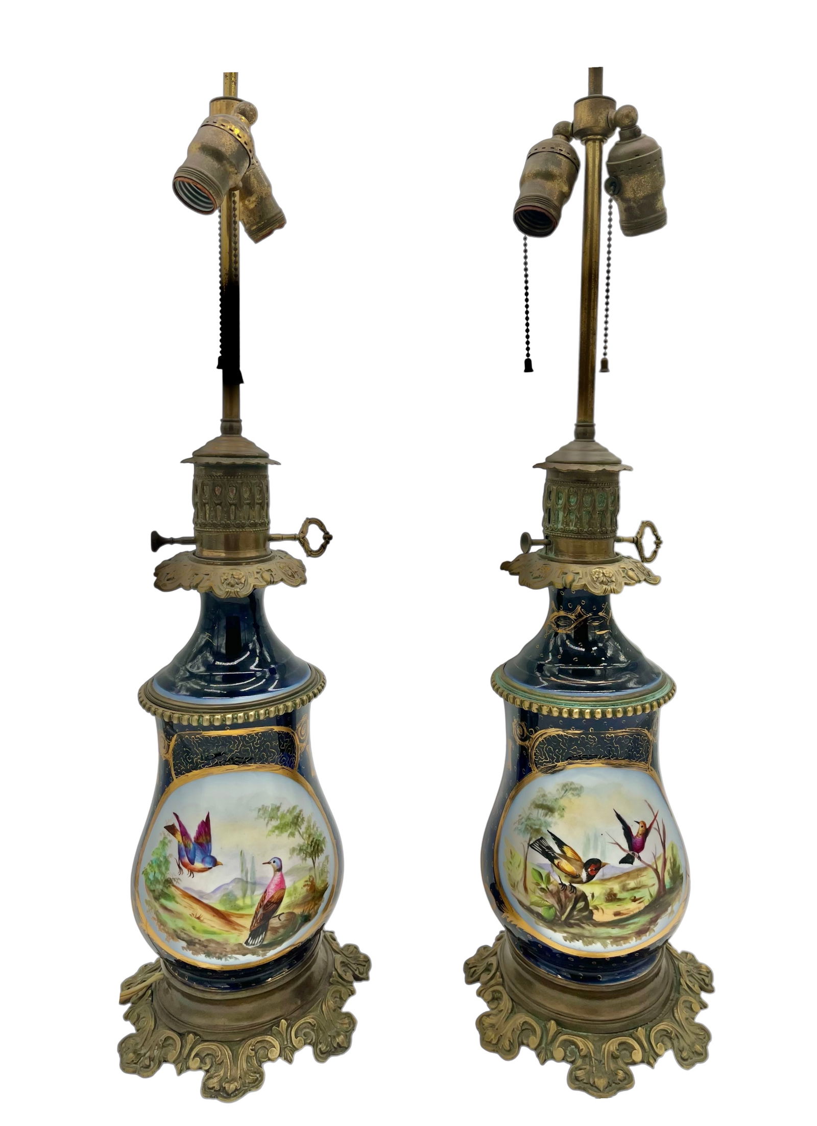Pair  19th Century Lamps.  Hand painted old Paris style with birds and flowers, brass and porcelain (1 of 7)