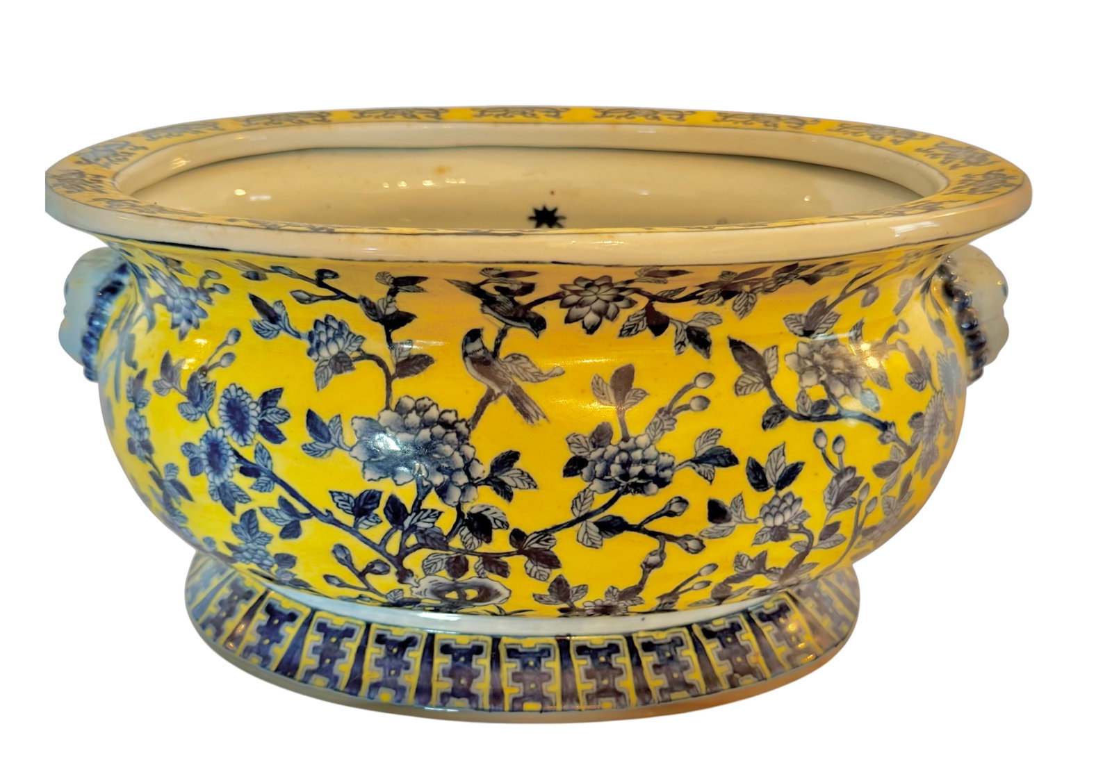 20th Century Asian Yellow and Blue Goldfish Bowl: 20th Century Asian yellow and blue goldfish bowl.