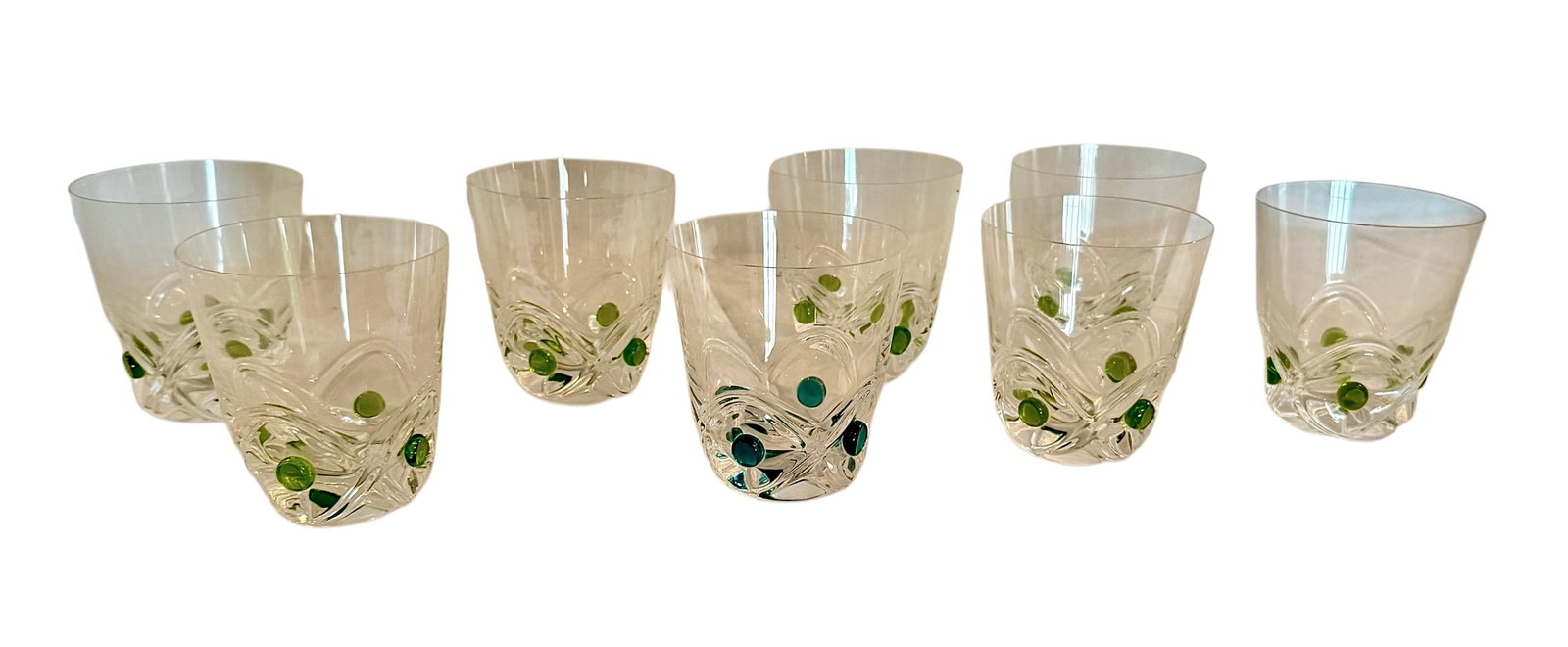 Set of Eight(8) Lalique 15 Ounce Flat Floride Tumblers: (7) glasses have green dots and (1) has blue dogs.