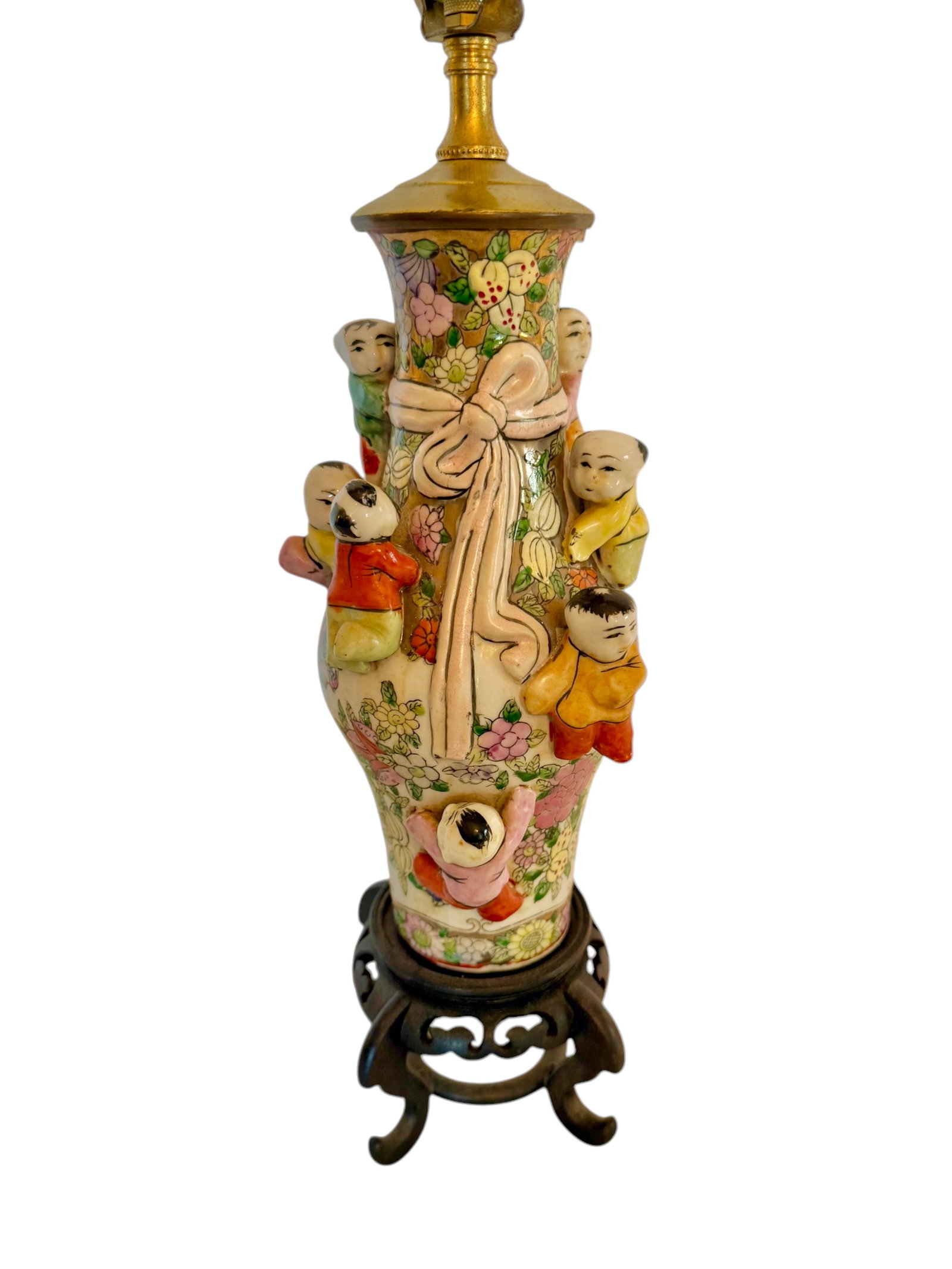 Chinese 100 Children Vase Lamp: Asian vase with children Famille Rose style. 20th Century. Dimensions are with harp.