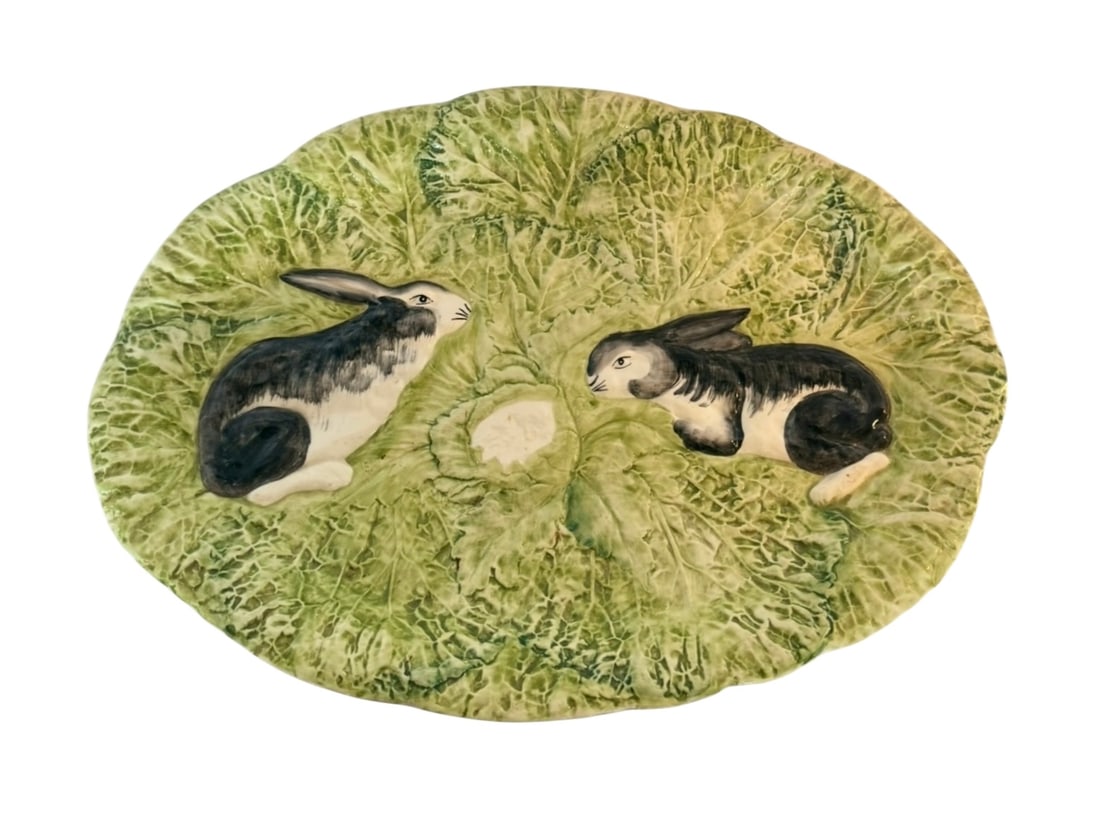 Italian Ceramic Cabbage Leaf Platter Hand Painted with Two Rabbits (1 of 4)