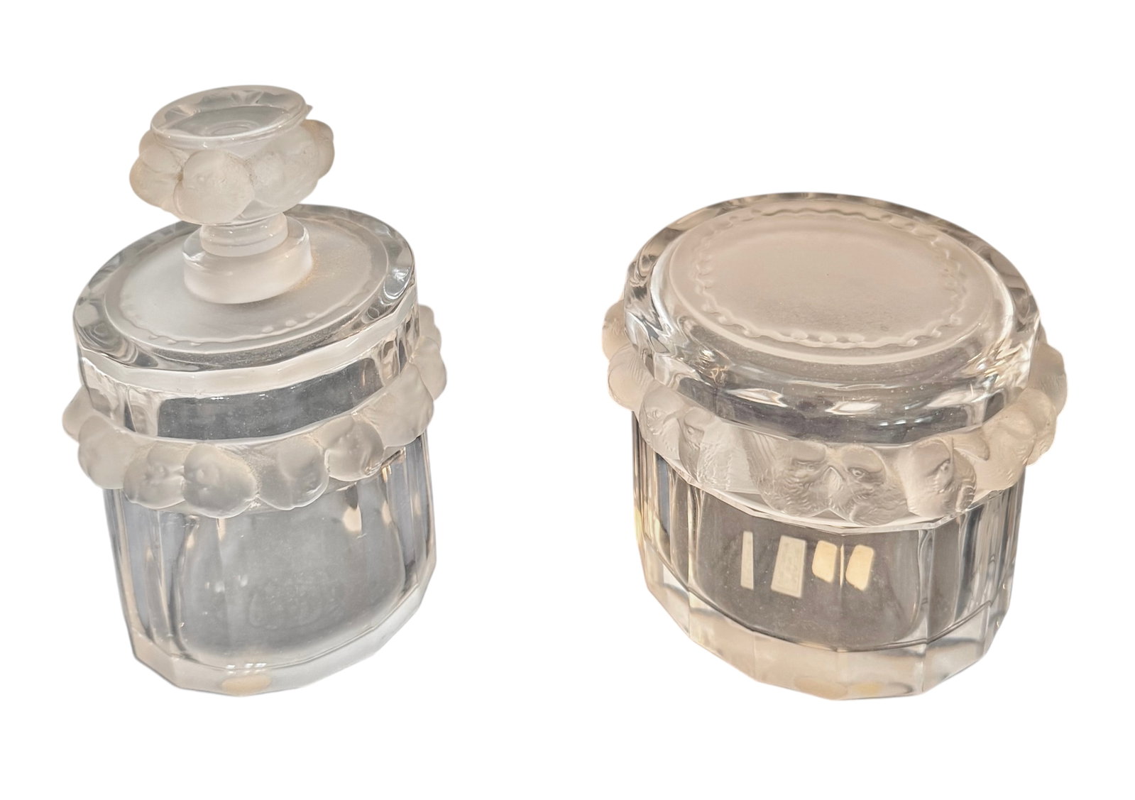 Pair of Lalique Crystal Dresser Boxes: Lalique dresser boxes. 20th Century. Signed Lalique France 6.5"H x 4"D, 3.5"H x 5"D.