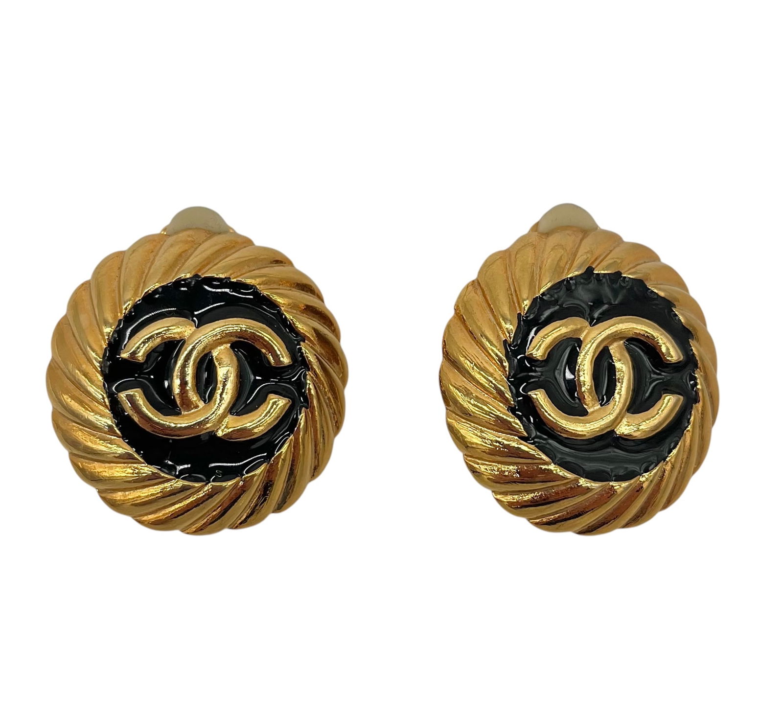 Vintage Chanel Black and Gold Earrings: Paris France, 1980-1990. 1.5" Diameter