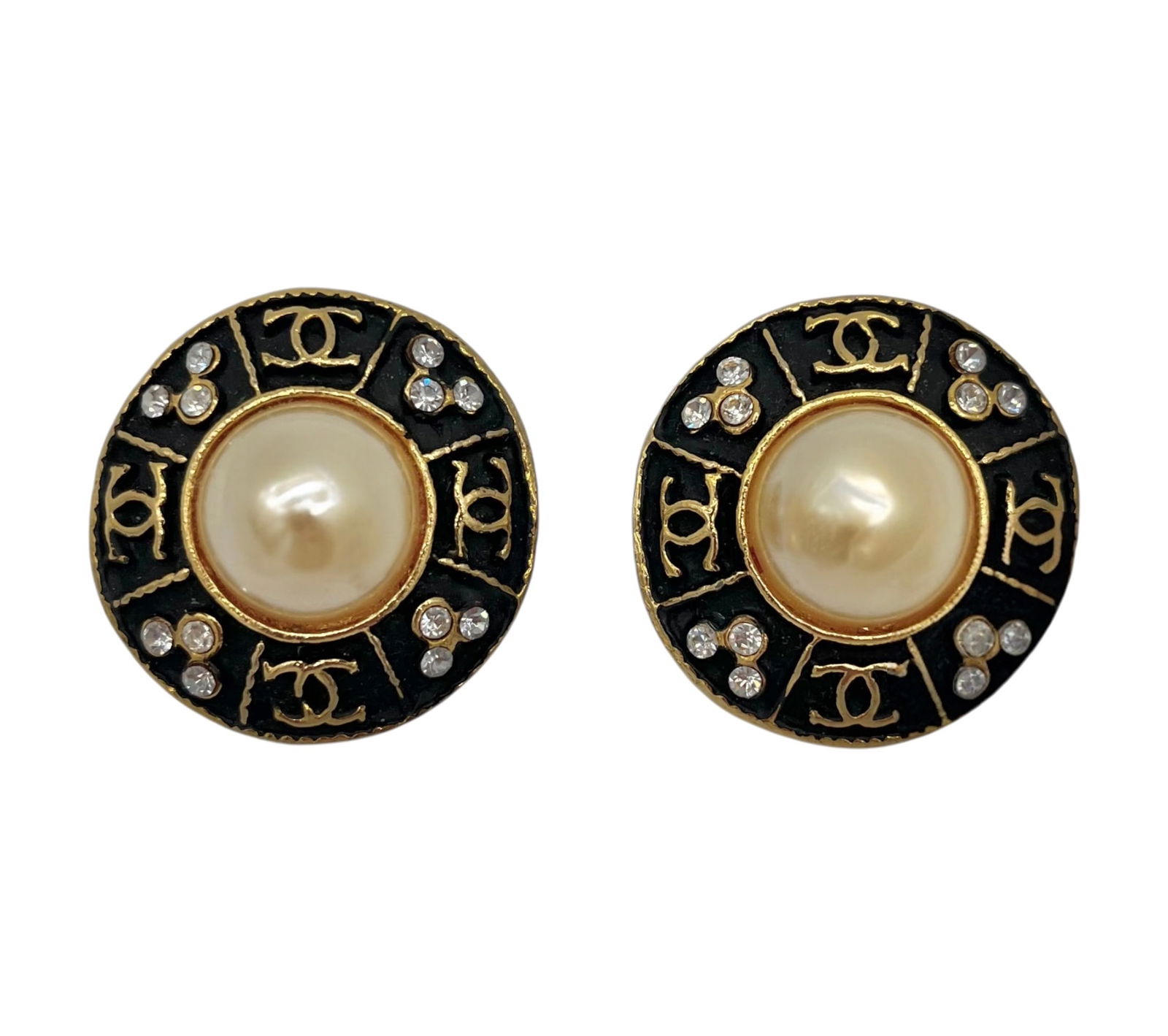 Vintage Chanel Black and Pearl Earrings: Paris France, 1990. 1.25" Diameter