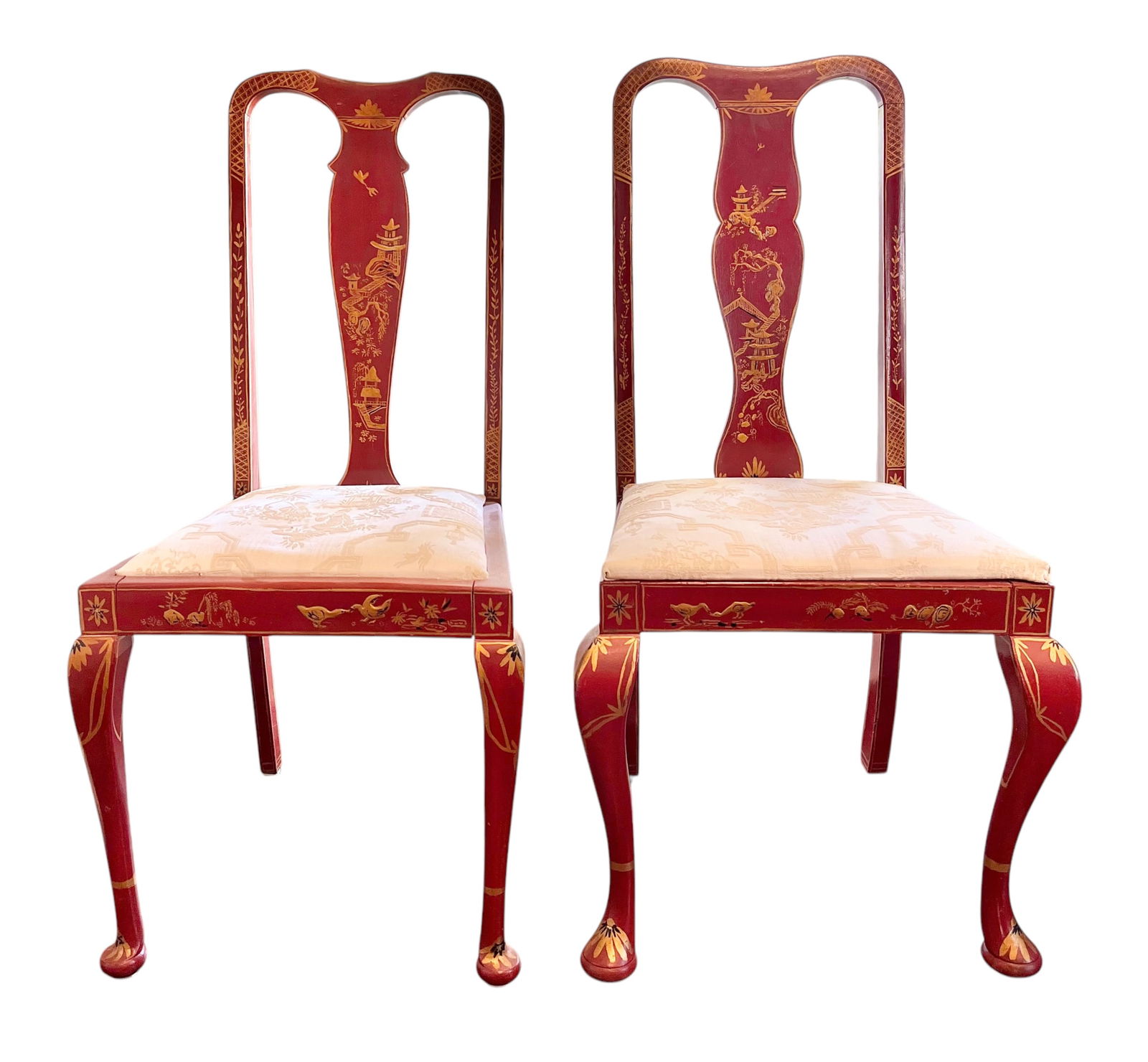 Two Chinese Chinoiserie Red and Gold Hand Painted Chairs (1 of 8)