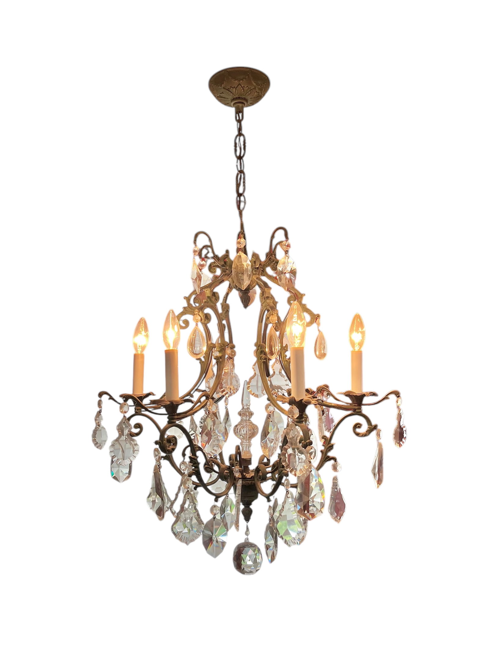 Crystal and Green Patina Chandelier: Green patina appears to be bronze with crystals and candles. Dimensions are with out the chain and escutcheon.