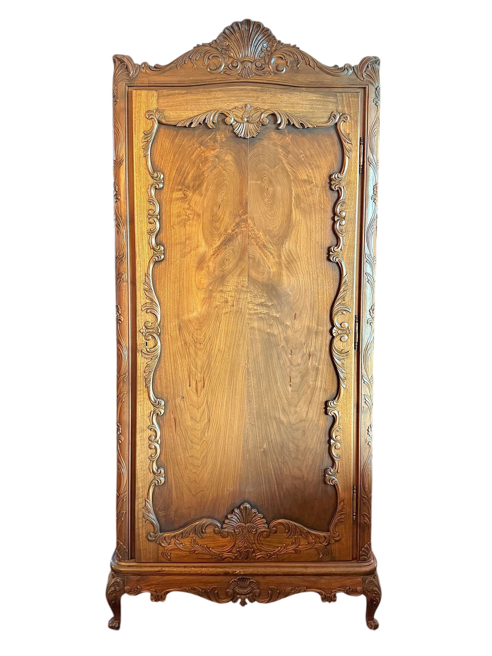 Beautifully Carved Mahogany Cabinet: Four shelves and one drawer inside.