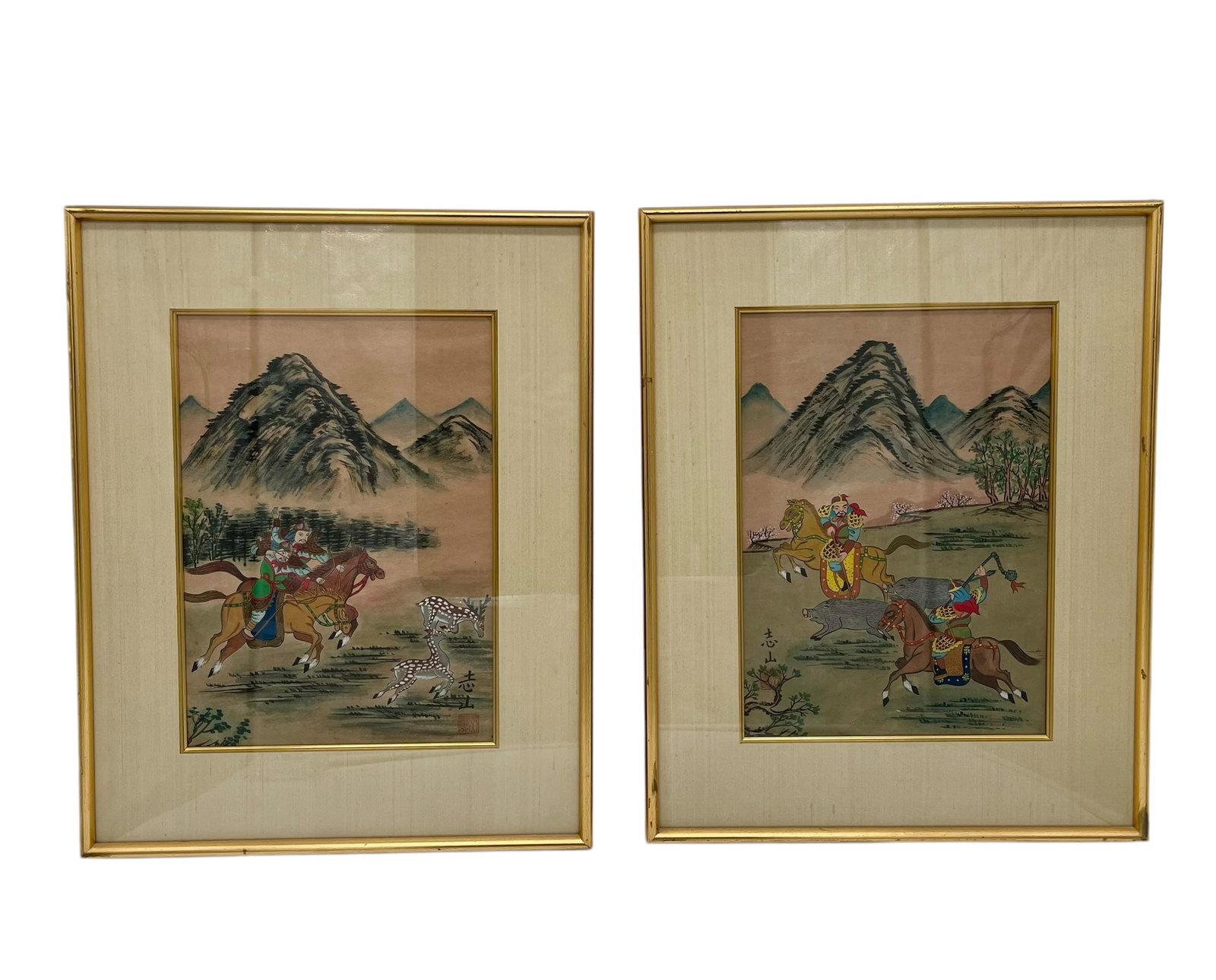 Pair of Hand Painted Chinese Hunting Scenes. (1 of 5)