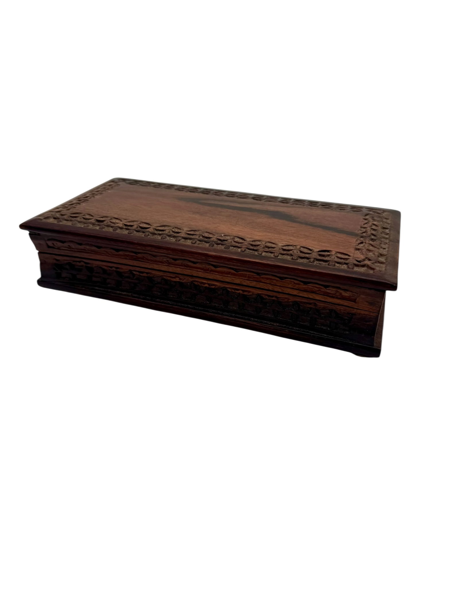 Rosewood Carved Box with Red Velvet Lining: Wooden box for keepsakes or jewelry.