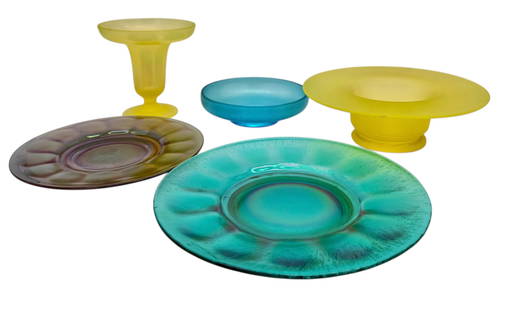 Collection of colorful glass: Group of Stretch Glass and Tiffin Glass