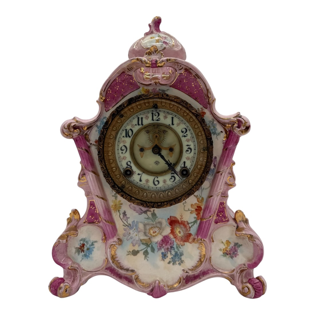 Ansonia No. 502 Royal Bonn #2672 Uranium Dial: Ansonia No. 502 Royal Bonn #2672 Uranium Dial Pink, Gilt, Floral