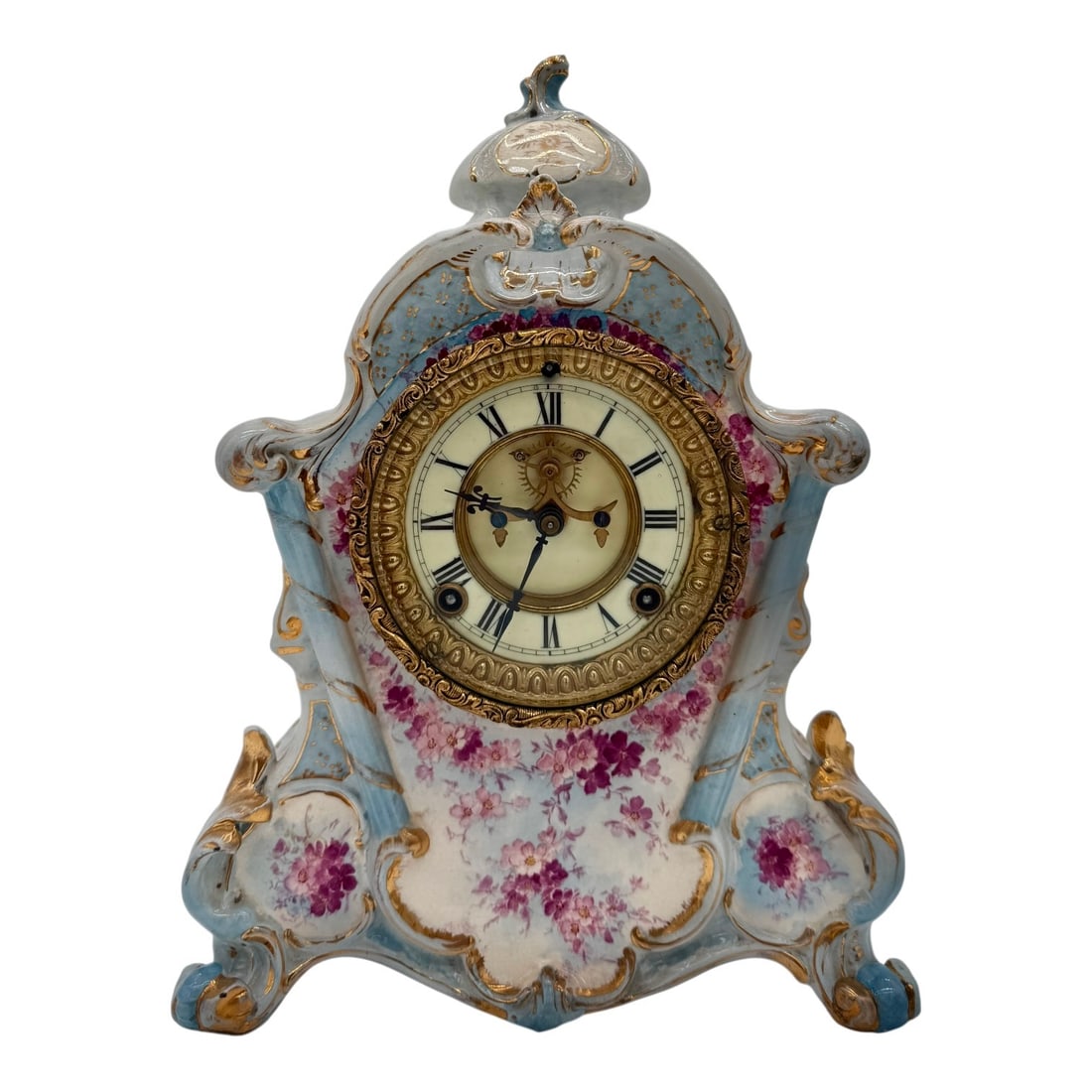 Ansonia No. 502 Royal Bonn #2672 Uranium Dial: Ansonia No. 502 Royal Bonn #2672 Uranium Dial Blue, White, Gilt, Floral