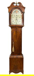 Lewis Poignand George III Mahogany Tall Case Clock: English, early 19th century, by Lewis Poignand (English, active 1781-1810). A late George III Mahogany grandfather clock with a swan neck pediment having a single brass ball finial at center, the eigh
