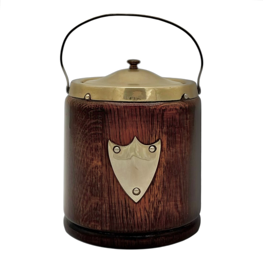 English Oak and Gold Washed Silver-Plate Biscuit Barrel and Cartouche, Not Engraved, with Liner (1 of 5)