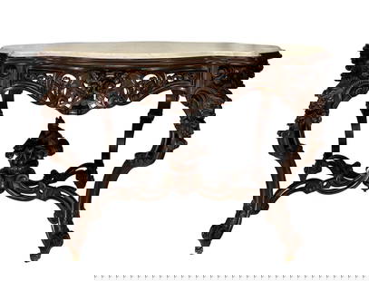 Exceptional Rococo Revival Rosewood Pierce-Carved Center Table by J. and J.W. Meeks: Parlor table, Fantastic laminated Rosewood by Meeks, Impressive with finely carved fanciful horned beast with Fruit spilling from open mouth carved squirrel with nut centerpiece, white marble, top may