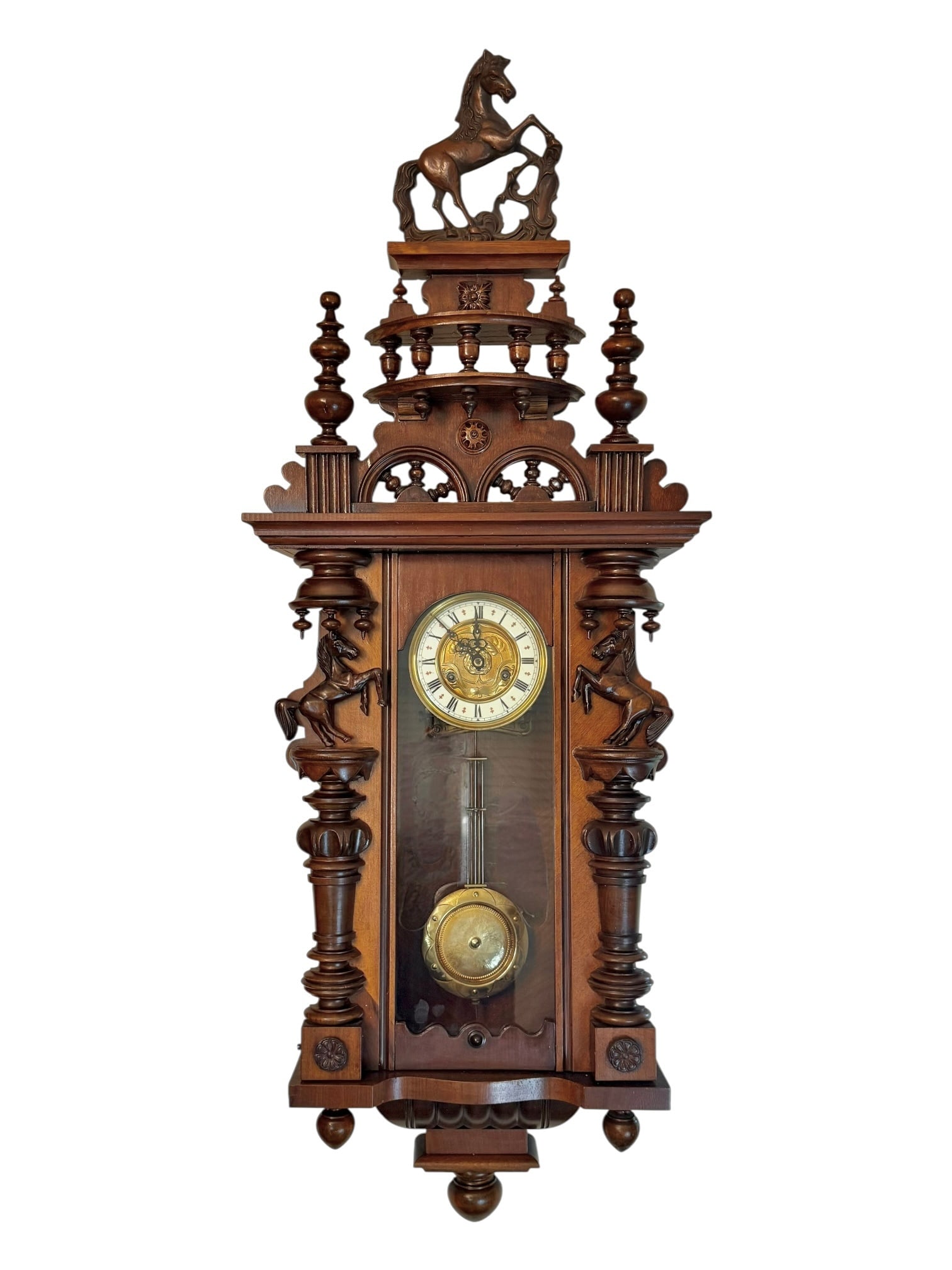 Walnut Wall Clock  by Friedrich Mauthe with Carved Horse Finial (1 of 8)
