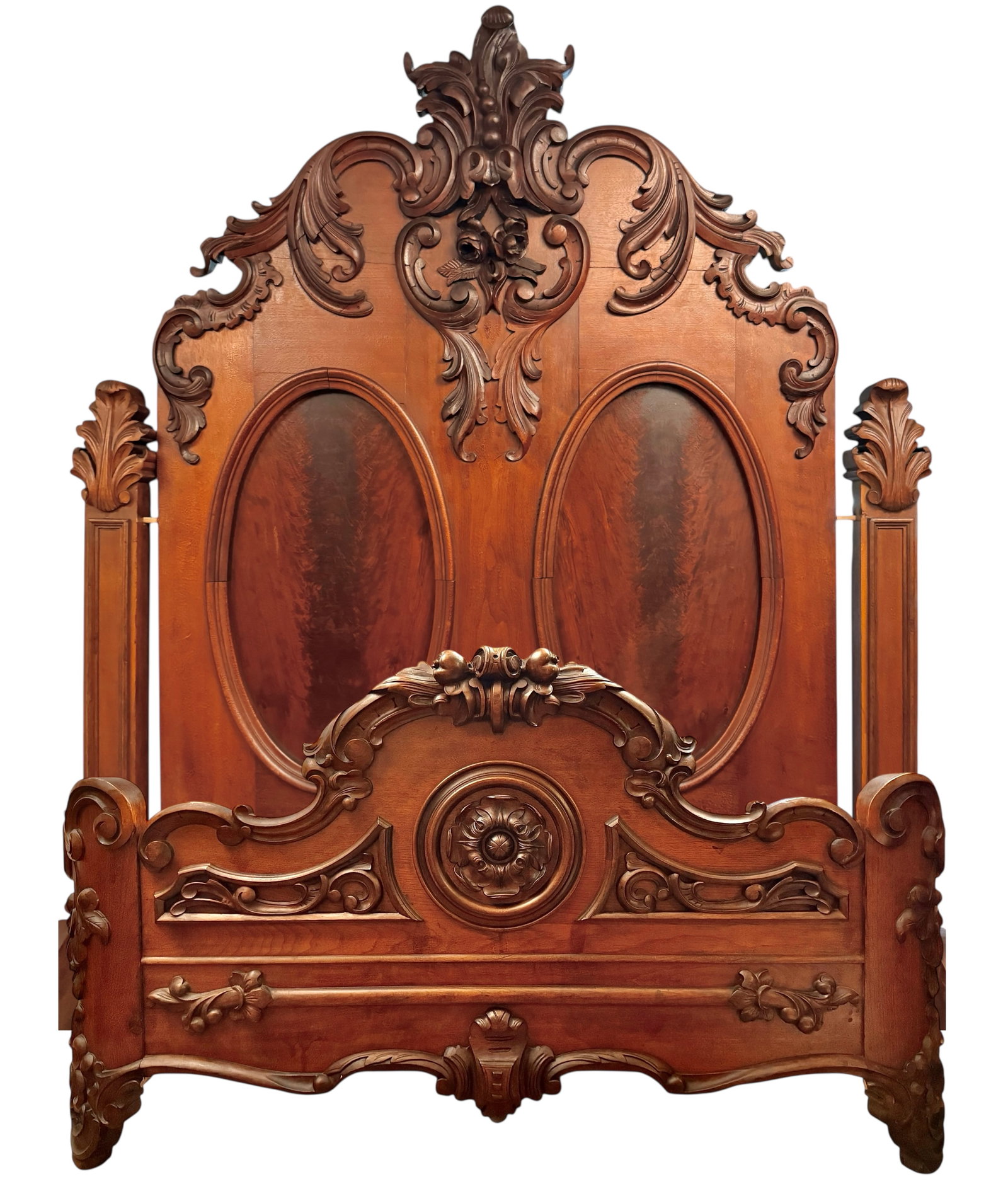 Elaborately Carved Rococo Revival Walnut Bed by Mitchell and Rammelsberg  - Modified to Queen Size (1 of 9)