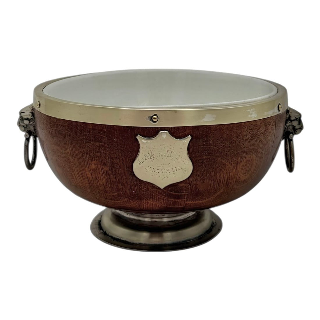 Oak Bowl with porcelain liner and sterling rim, lion ring handles and engraved silver shield (1 of 7)