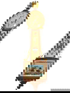 Wall Clock banjo style with painted ships (Constitution and Guerriere), eagle pediment, painted: Wall Clock banjo style with painted ships (Constitution and Guerriere), eagle pediment, painted eagle on 13 star flag, Arabic numbers
