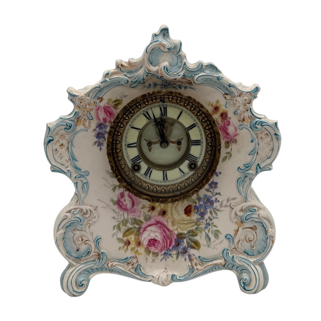 Ansonia La Vogue Royal Bonn #2635 Uranium Dial: Ansonia La Vogue Royal Bonn #2635 Uranium Dial. Blue, White, Gilt, Floral.