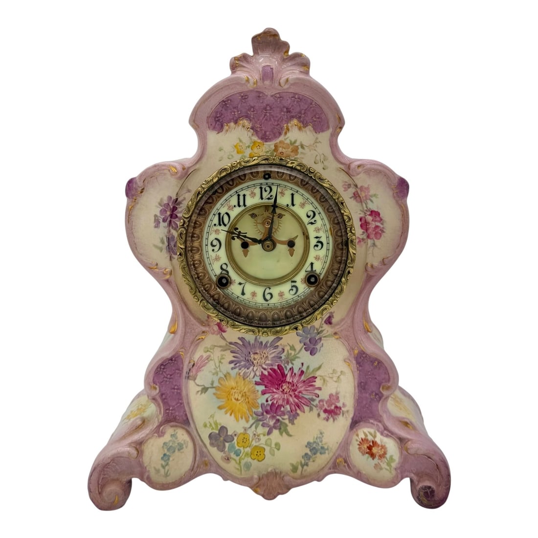 Ansonia No. 503 Royal Bonn #2677 Uranium Dial: Ansonia No. 503 Royal Bonn #2677 Uranium Dial. Lavender, White, Gilt, Floral.