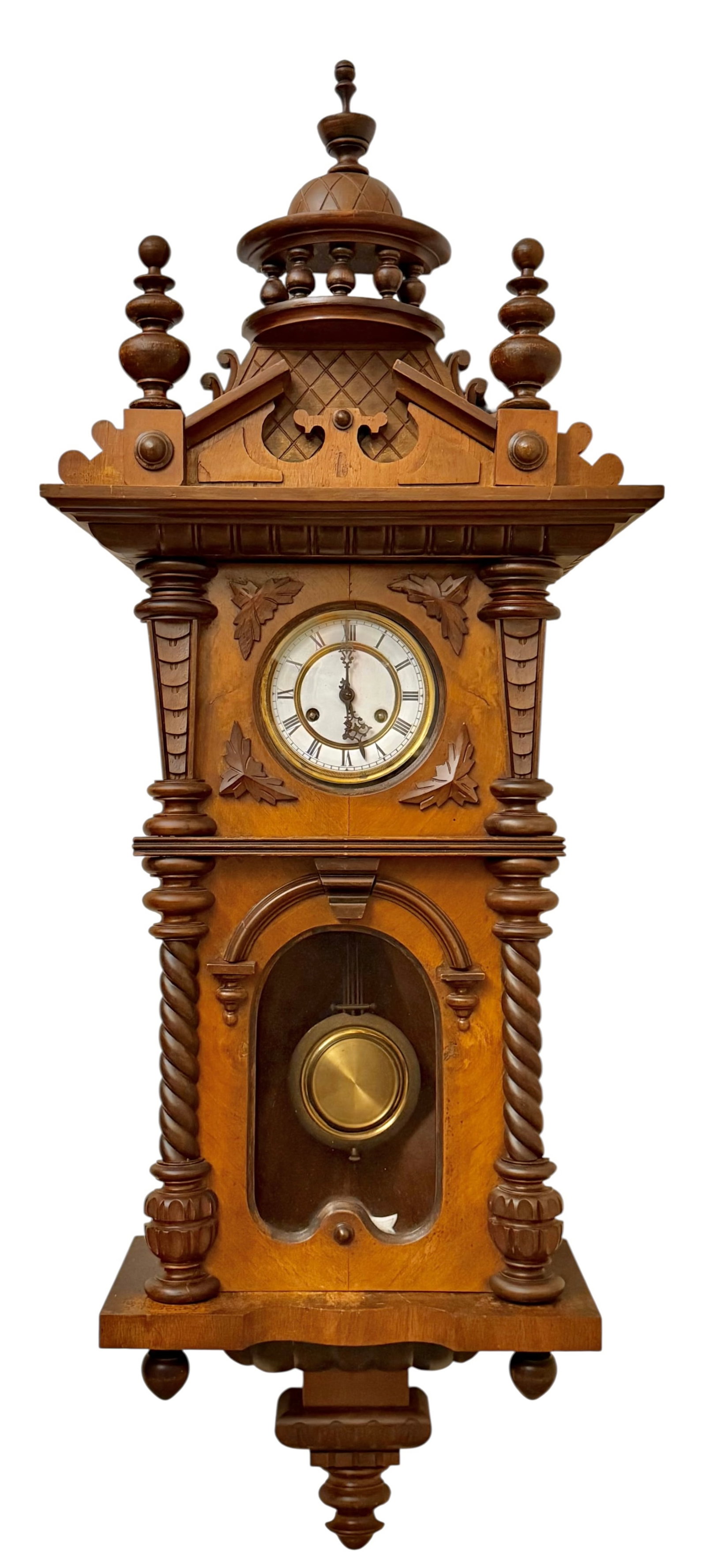 Wooden wall clock with turned final gallery and dome three finals on top two finals on bottom, (1 of 5)