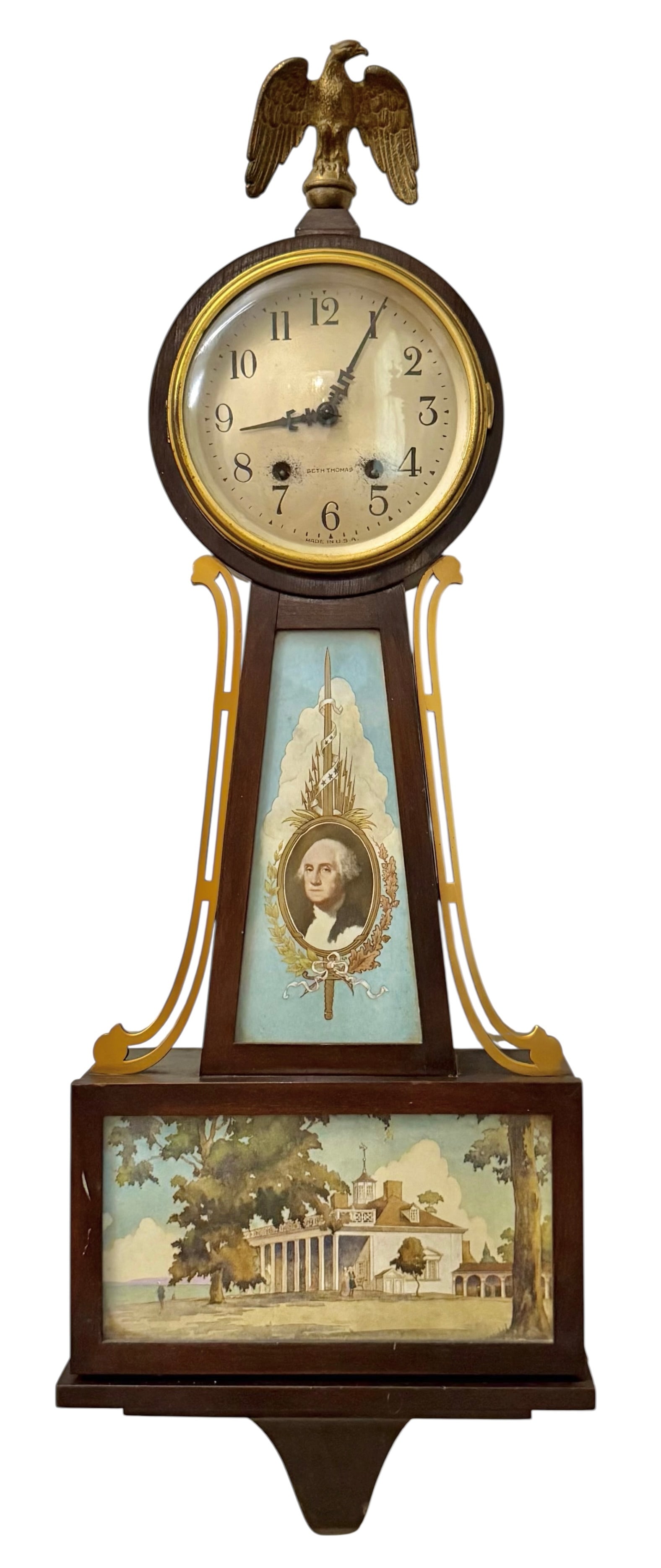 Banjo style clock with reverse painted George Washington and Mount Vernon. Bronze eagle pediment (1 of 4)