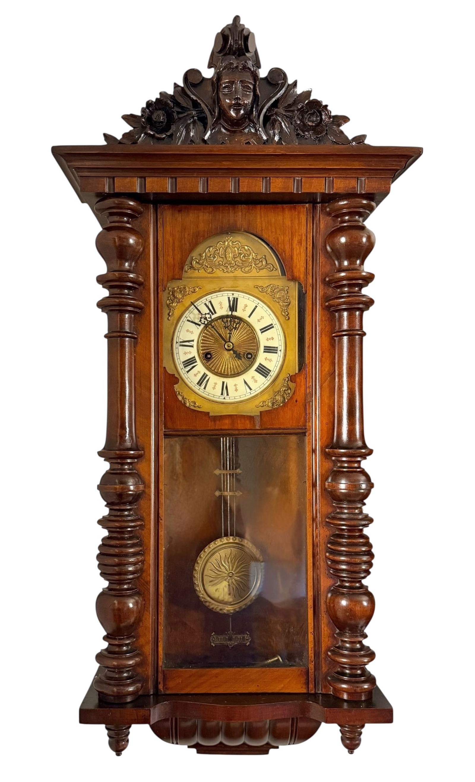 Wooden Wall Clock G. Bornand.  Carved arched pediment with finial bronze angle pendulum Roman (1 of 6)