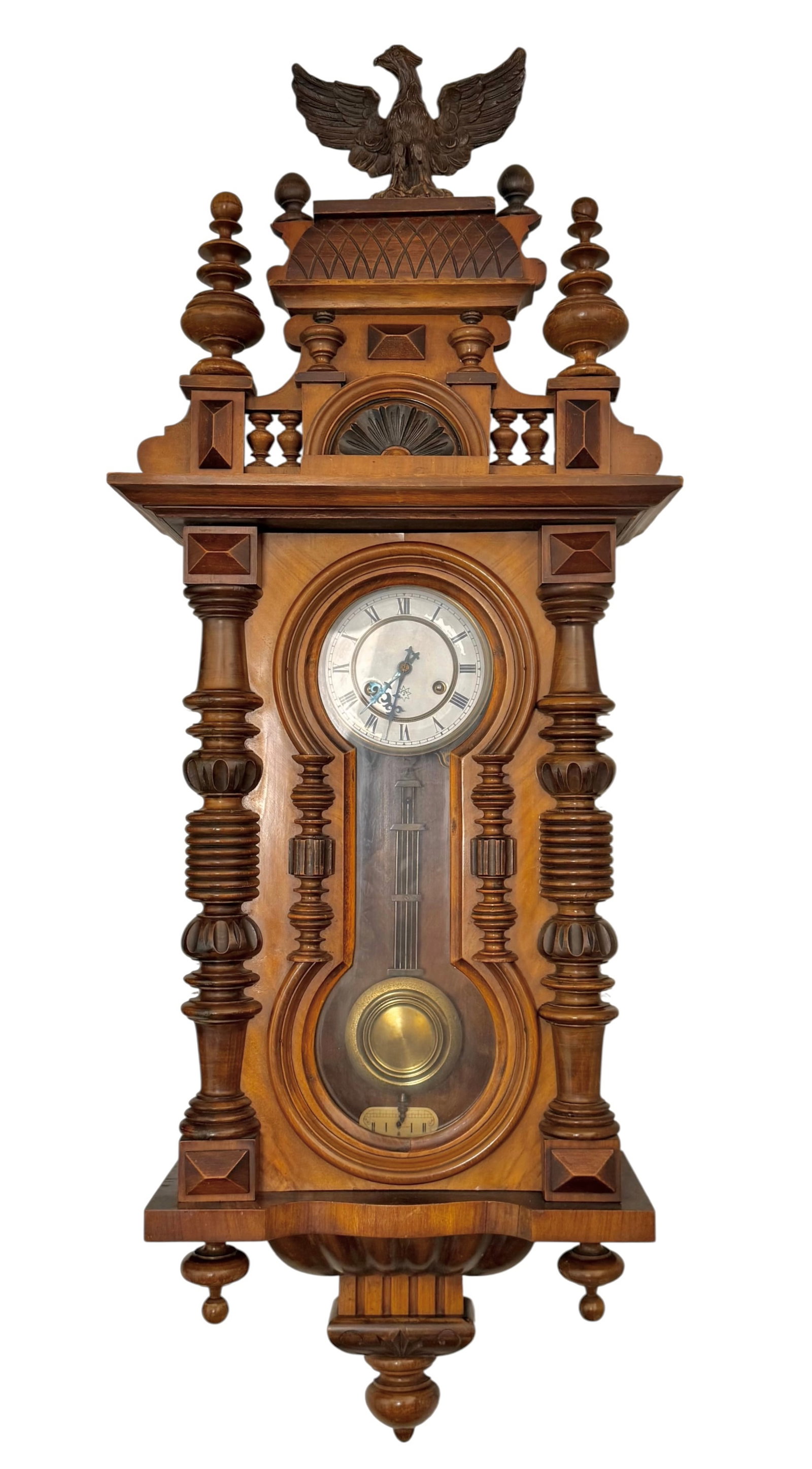 Wooden Clock Junghans on face with eagle  pediment on arch and basket gallery keyhole case and Roman (1 of 5)