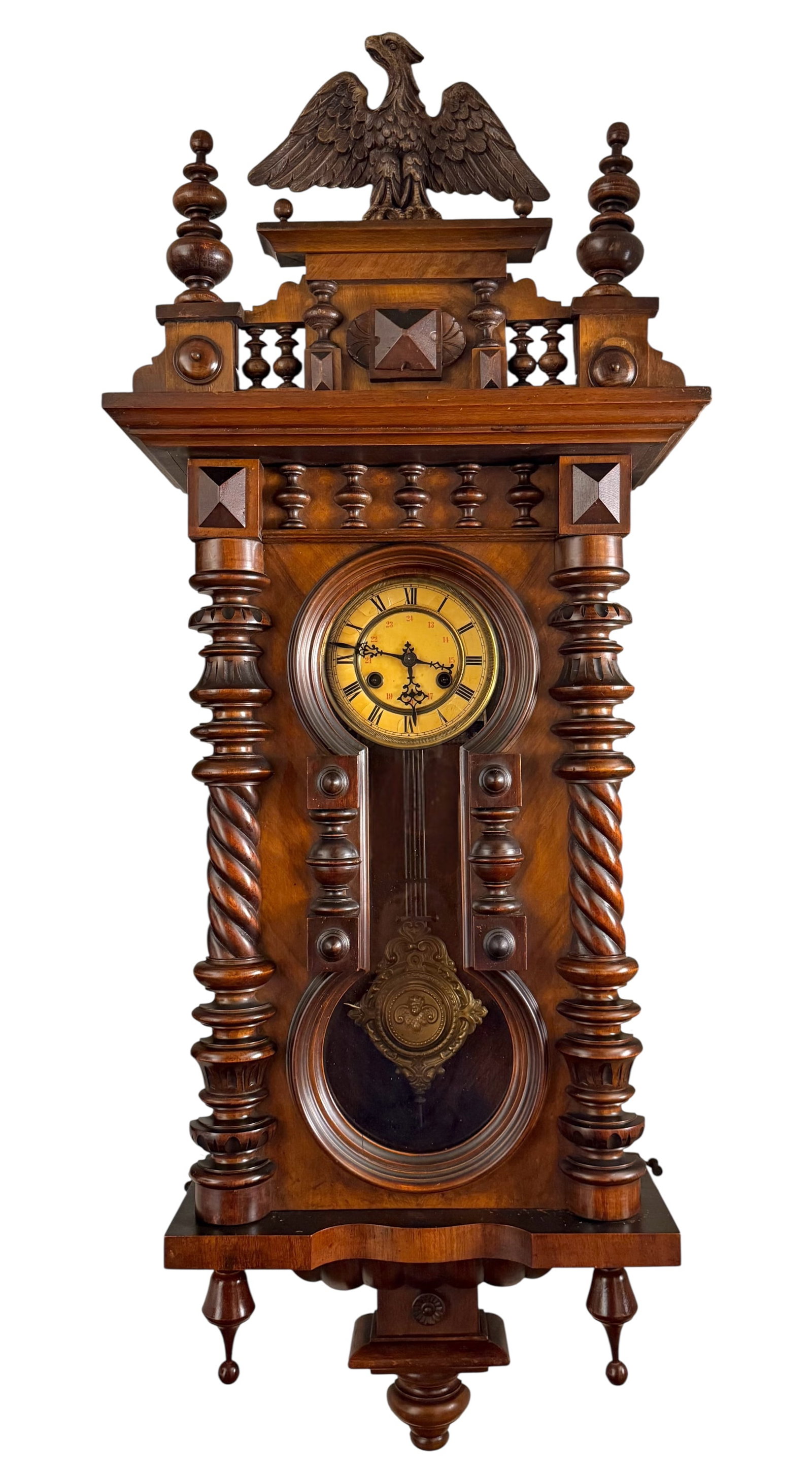 Wooden wall clock with eagle on gallery with finials keyhole case with Roman and Arabic numerals two (1 of 7)