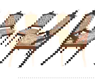 Set of four Renaissance Revival Walnut Side chairs: American, 1870s. A set of four Renaissance Revival walnut side chairs; back stiles having incised decoration and crest rail consisting of a central burl walnut "bullseye" and having incised detail, an