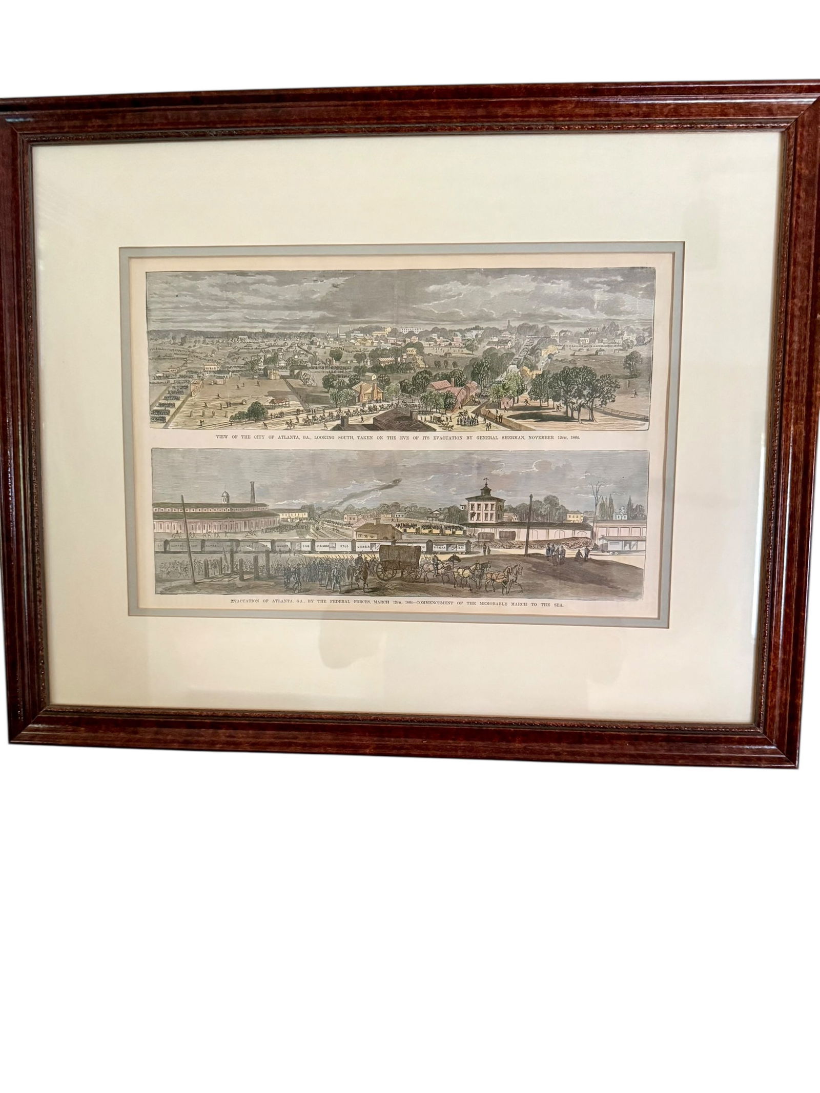 Atlanta 1864 Evacuation Scene Sherman: Hand colored wood engravings view of Atlanta looking south, taken on the eve of its evacuation by General Sherman, November 12, 1864; the second picture is March 12 1864 commencement of the march to t