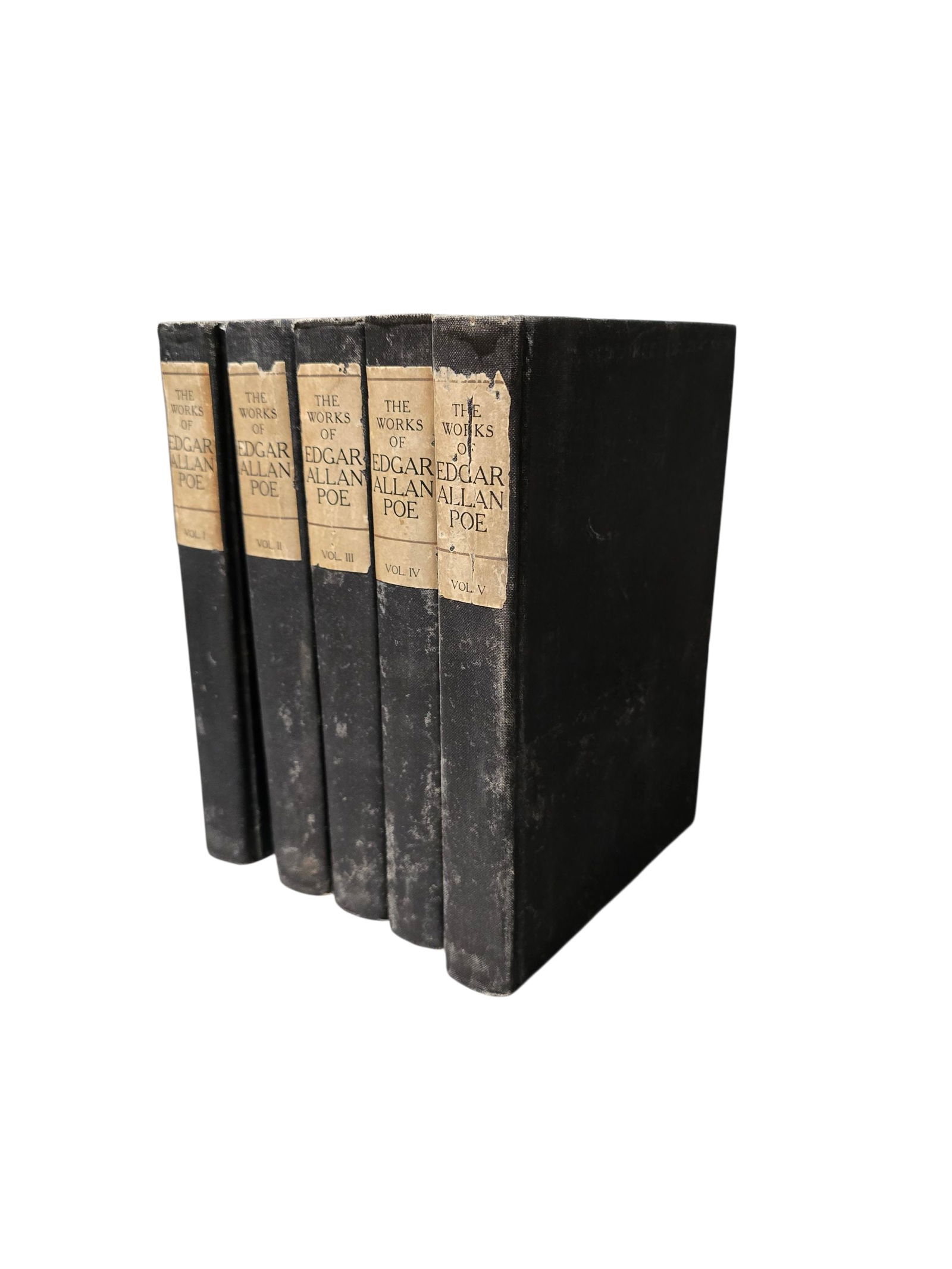 The Works of Edgar Allen Poe - The Raven Edition (1903): Complete five-volume set of Edgar Allan Poe's collected works published by P.F. Collier & Son in 1903. Known as "The Raven Edition," each volume features a color frontispiece illustration from paintin