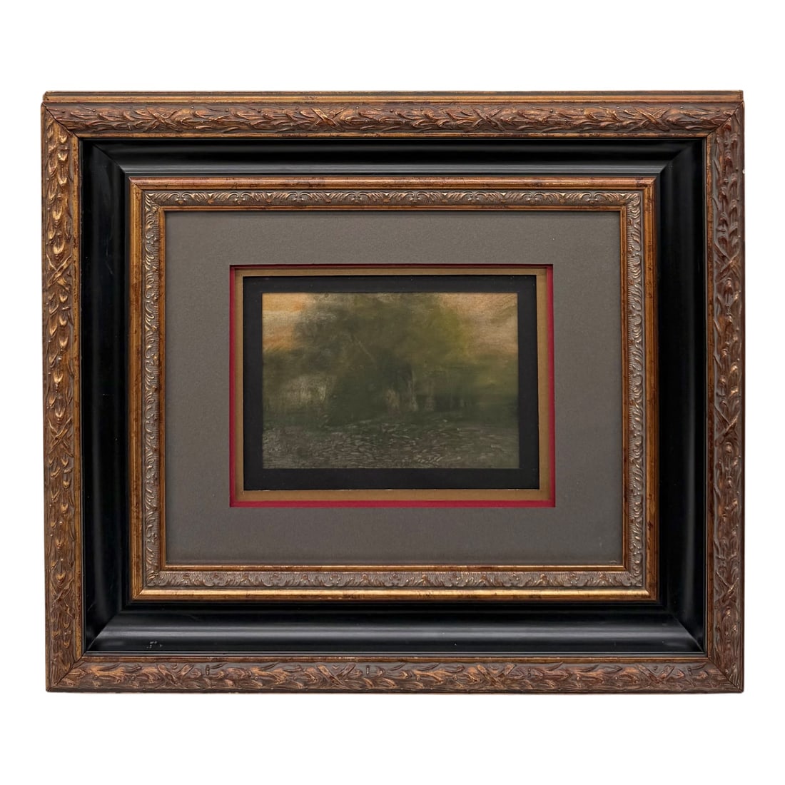 Edward Loyal Field - Spring Sketch: Sunset Landscape with Silhouetted Trees. Oil on canvas; contemporary ornate gilt frame with decorative matting. Bears inscription consistent with the artist. Tonalist sunset scene with silhouetted tre