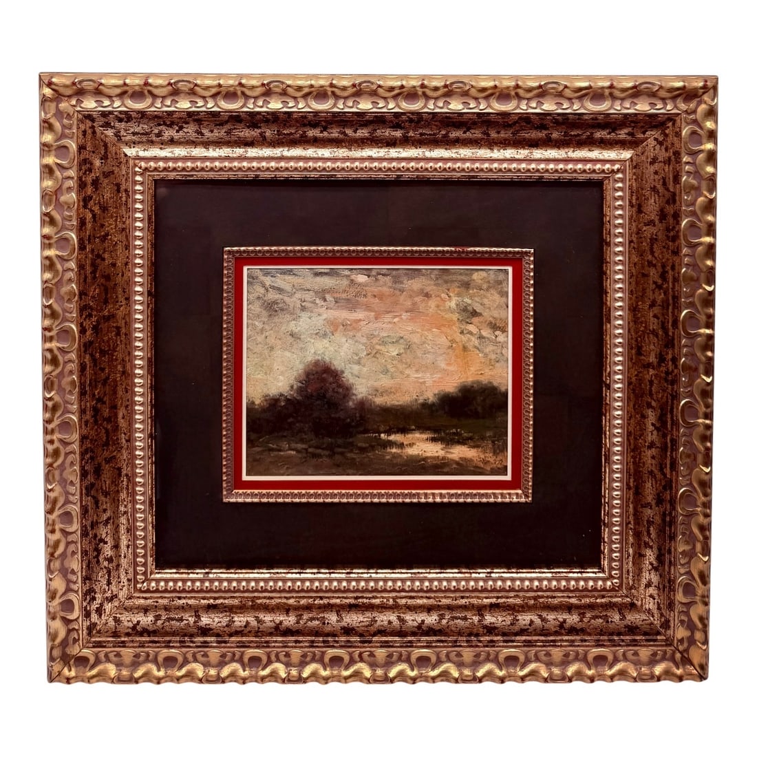 Edward Loyal Field - Autumn Trees at Dusk: Autumn Trees at Dusk. Oil on canvas; contemporary ornate black and gilt frame. Bears inscription consistent with the artist. Small tonalist landscape with trees and atmospheric golden light. Multiple