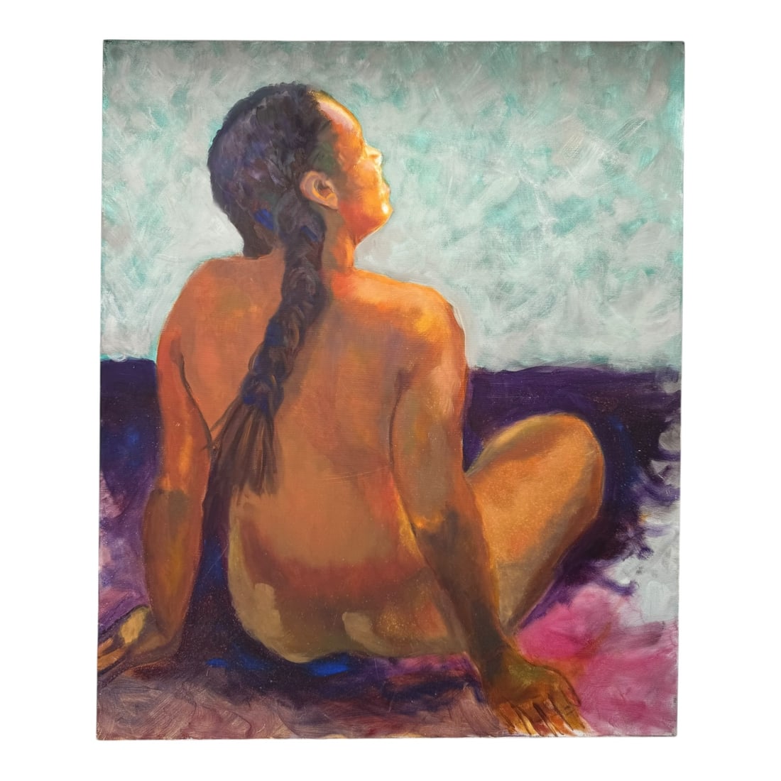 Anne Emerson Hall - Seated Nude (Circa 2001): Seated Nude (Circa 2001). Oil on canvas; signed and unframed. Oil on canvas board depicting a seated female figure viewed from behind. Executed in the tonalist-impressionist style characteristic of
