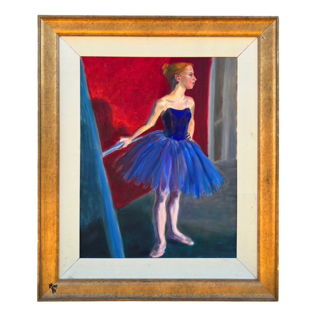 Anne Emerson Hall - Ballerina (2001): Ballerina (2001). Oil on canvas; signed and original frame. Oil on canvas depicting a young ballerina in profile; standing en pointe in a classical pose. The dancer wears a vibrant cobalt blue tutu
