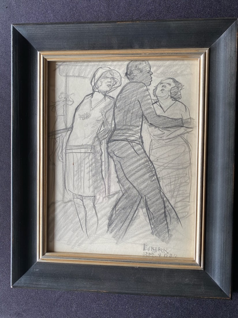 Anne Neumark - Multi-Figure Interior Scene: Multi-Figure Interior Scene. Original graphite sketch; very good condition in contemporary frame. Original graphite sketch depicting three figures - two women wearing period cloche hats and a man