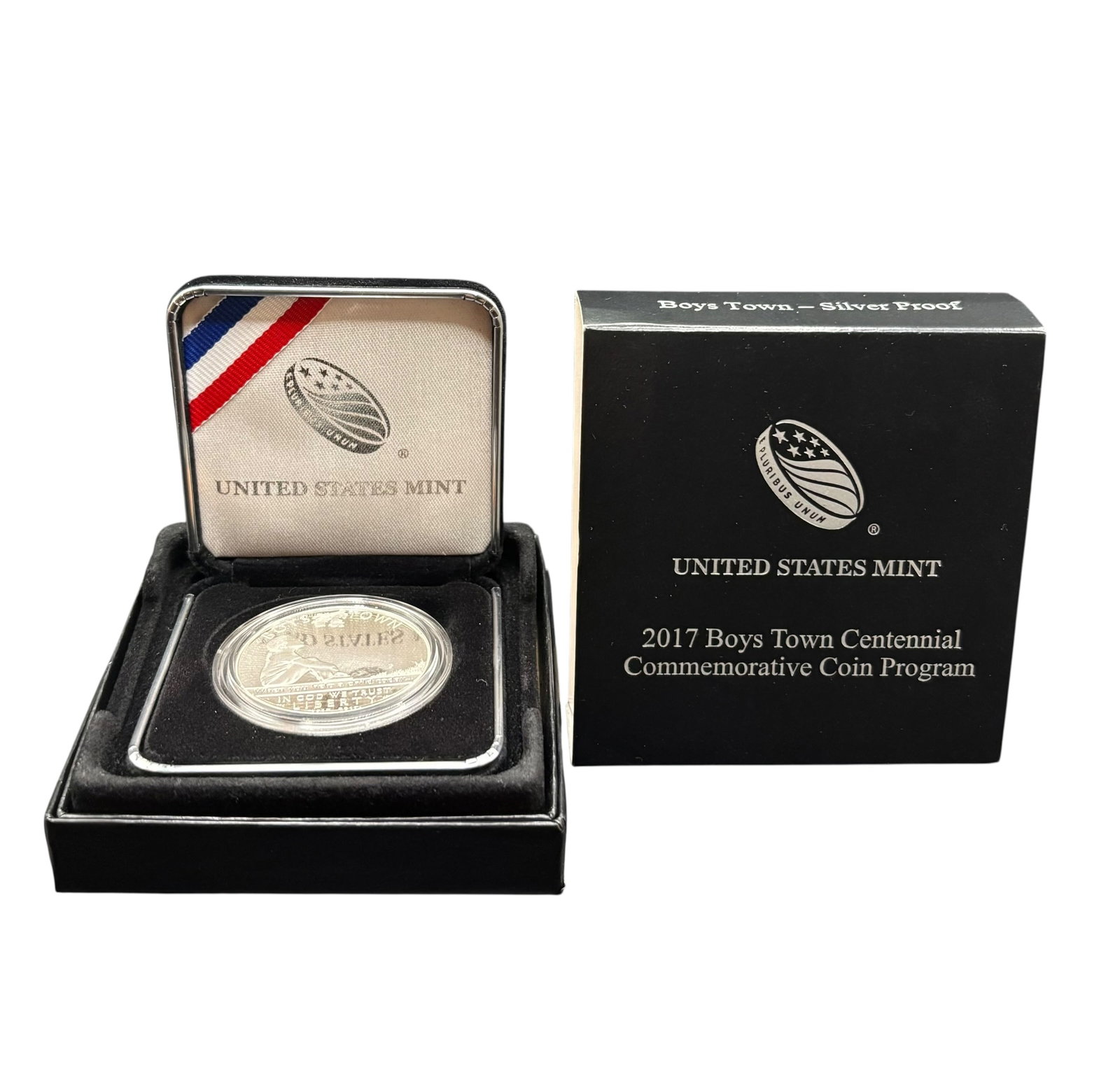 2017 Boys Town Centennial Commemorative Coin with Box: 2017 Boys Town Centennial Commemorative Coin 90% Silver. United States Mint issue celebrating 100 years of Boys Town. Presented in original packaging. CONDITION: Good condition overall. Please see