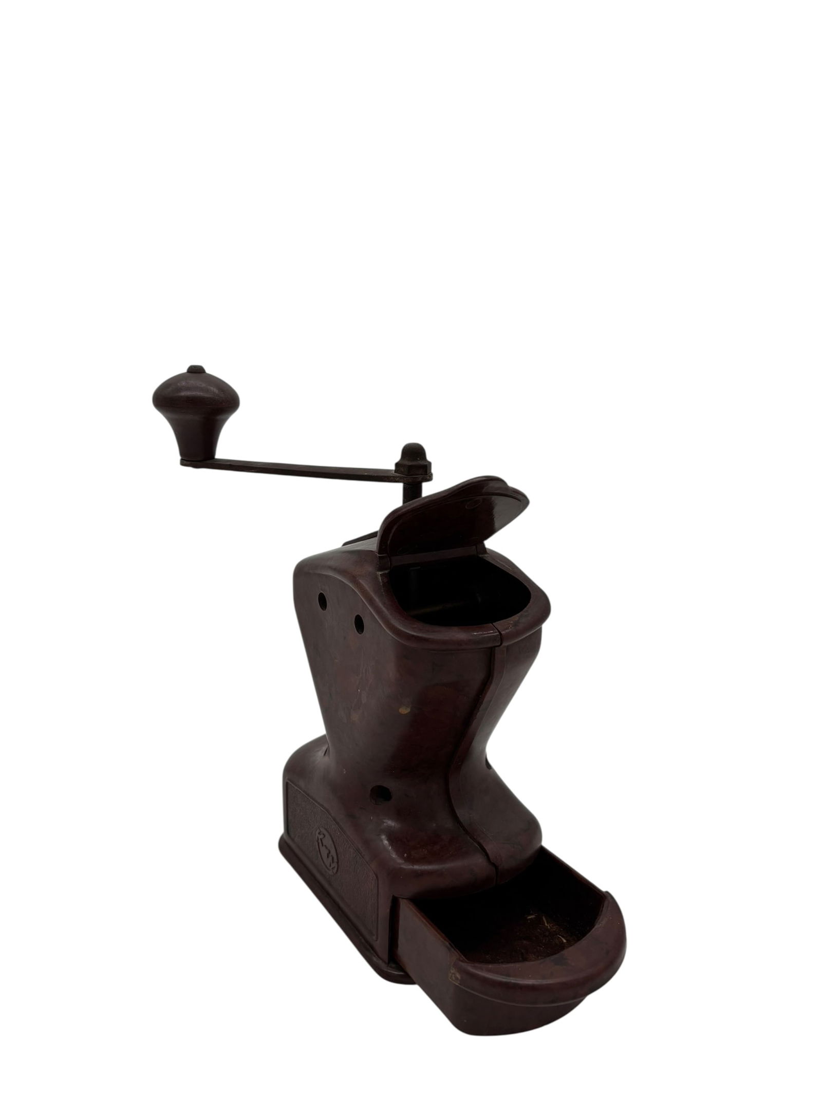 Vintage Mocca KYM Bakelite Coffee Grinder: Bakelite Coffee Grinder. Vintage manual coffee grinder with Bakelite body and metal grinding mechanism. Mid-century kitchen collectible. CONDITION: Good condition overall. Please see photographs for f