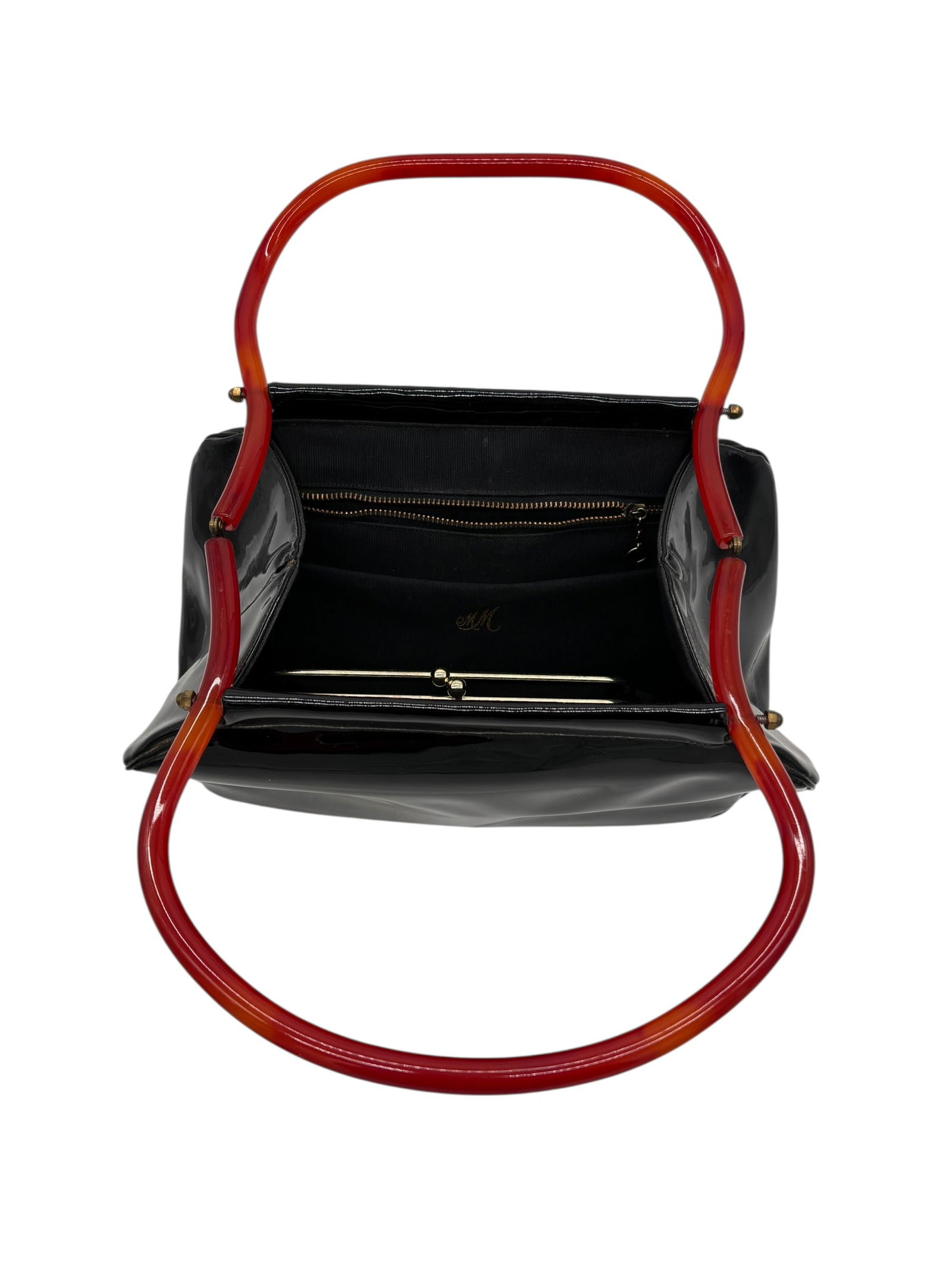 Vintage Black Patent Purse with Bakelite Handles - 4