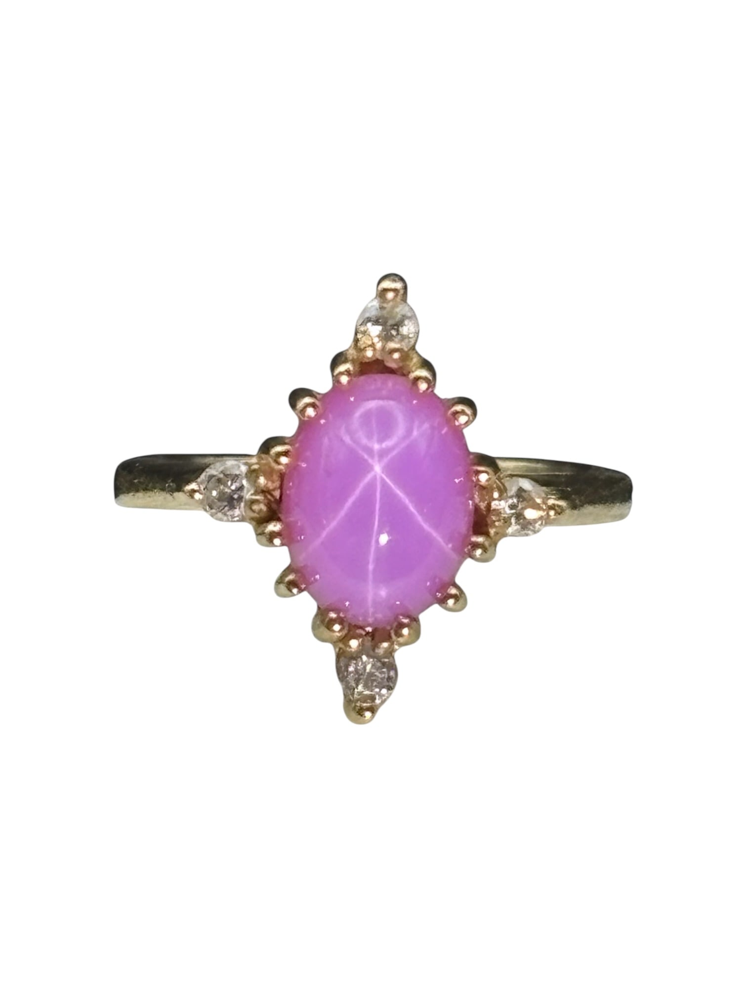 14K Gold Pink Star Sapphire Ring: 14K Pink Star Sapphire Ring. Ladies ring set with a pink star sapphire cabochon in 14-karat gold mounting. Size 3.25. CONDITION: Good condition overall. Please see photographs for full visual assessme