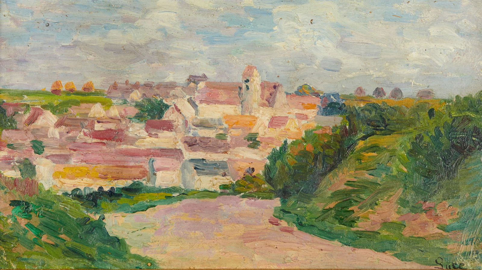 Maximilien LUCE 1858-1941 MOULINEUX, L'ENTRÉE DU VILLAGE, circa 1903: Huile sur carton signée en bas à droite 21 x 36 cmProvenance : Vente Félix Fénéon