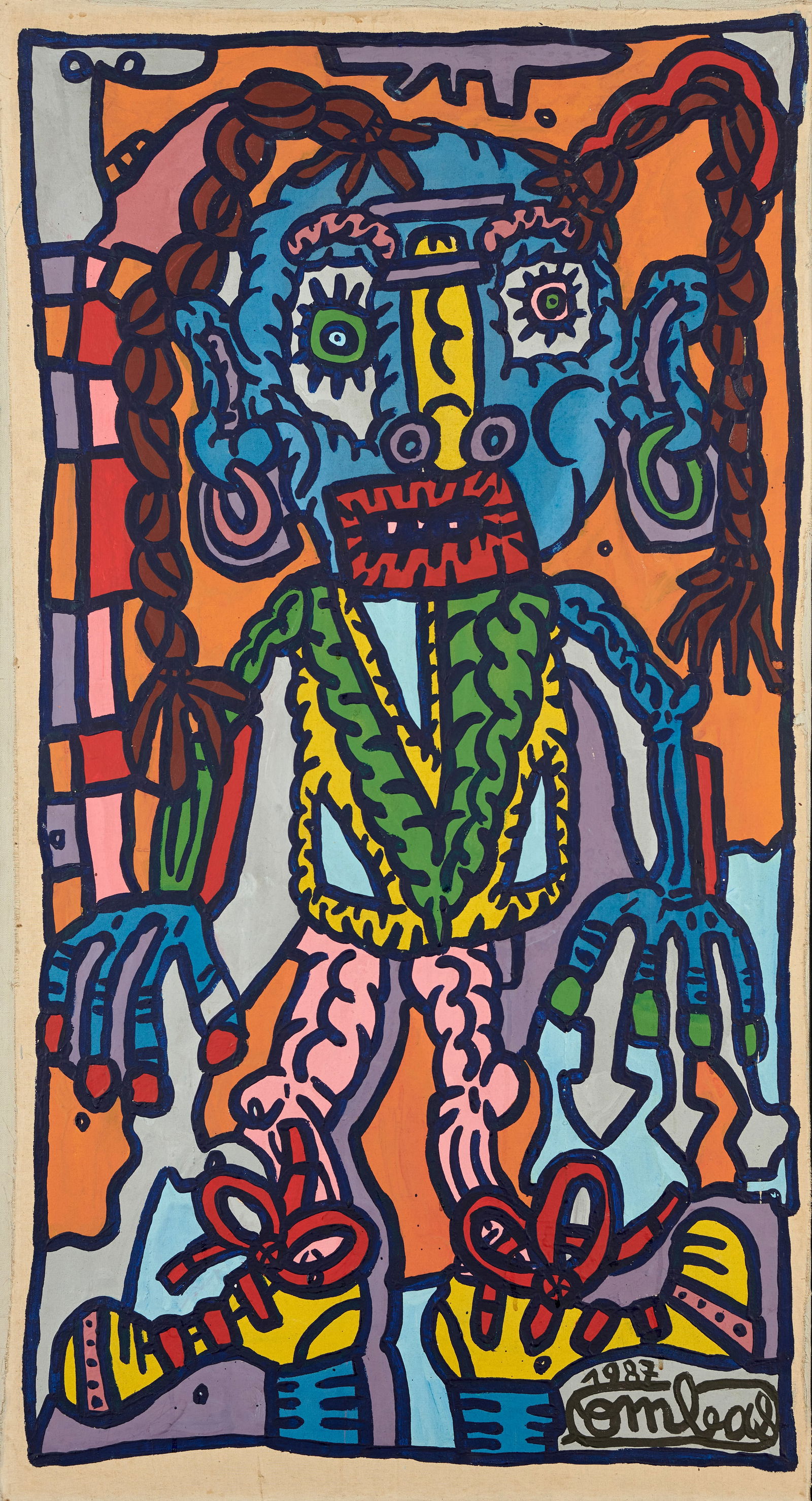 Robert COMBAS, né en 1957 LA PETITE FILLE À LA TÊTE DE VEAU, 1987: Acrylique sur toile signée et datée en bas à droite118 x 63 cmProvenance : Galerie Yvon LambertVente Loudmer du 13.04.92 reproduit page 33 du catalogueCollection La Colombe d'or, Saint Paul de Venc