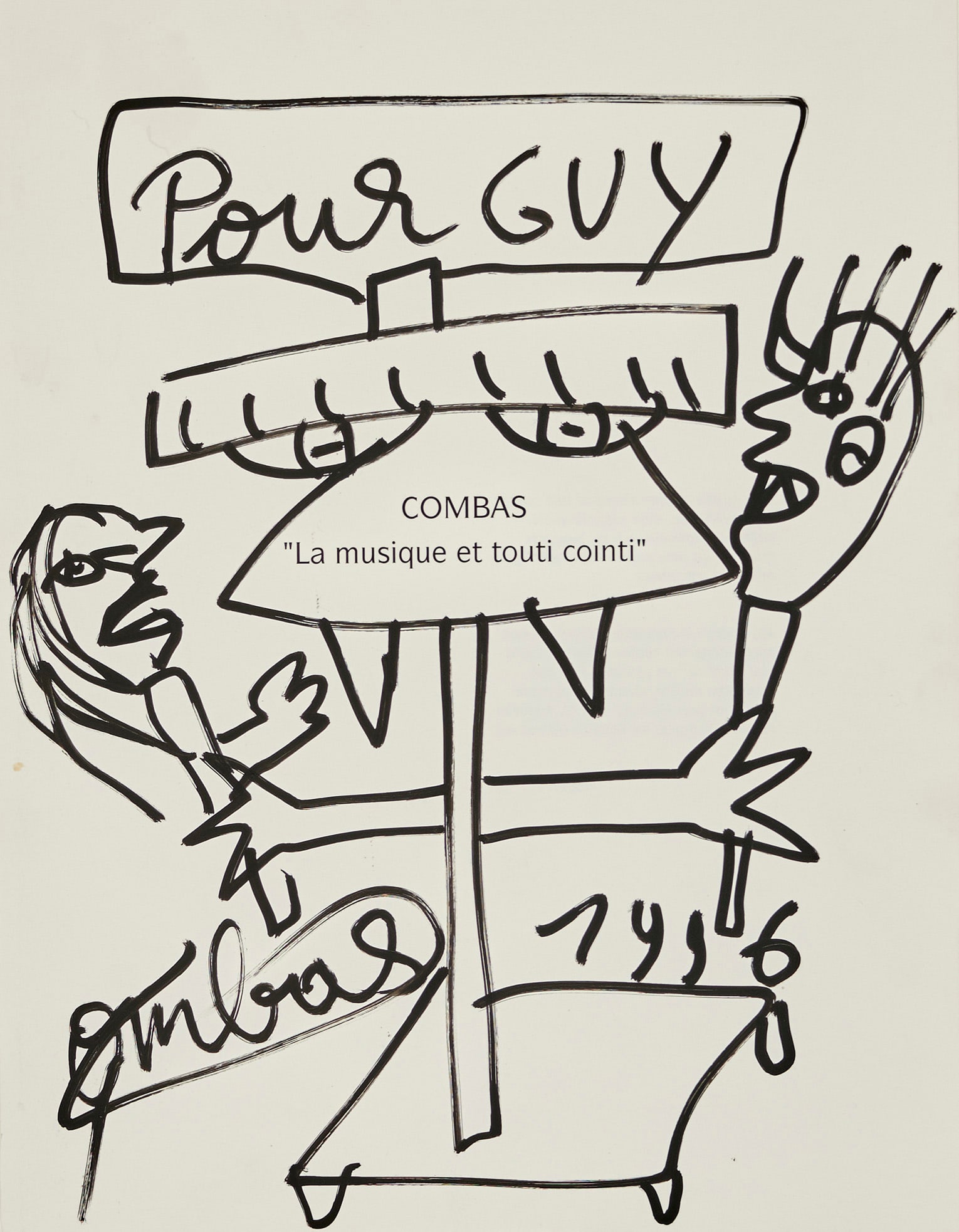 Robert COMBAS, né en 1957 LA MUSIQUE ET TOUTI COINTI, 1996: Dessin au feutre sur page de garde du livre Combas "La musique et touti Cointi" signé en bas à gauche et daté en bas à droite, dédicacé pour Guy en haut au milieu30 x 23 cm